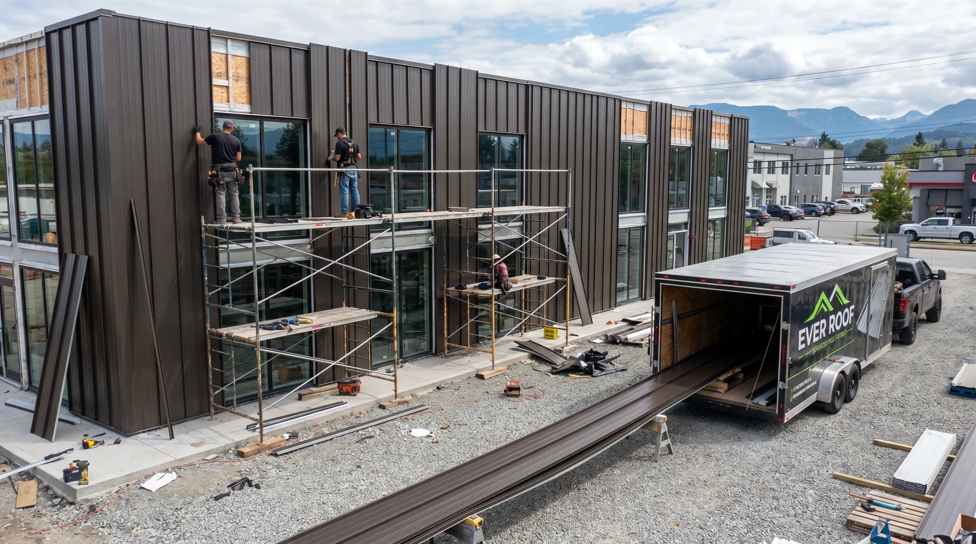 Metal panel siding being applied to a commercial building