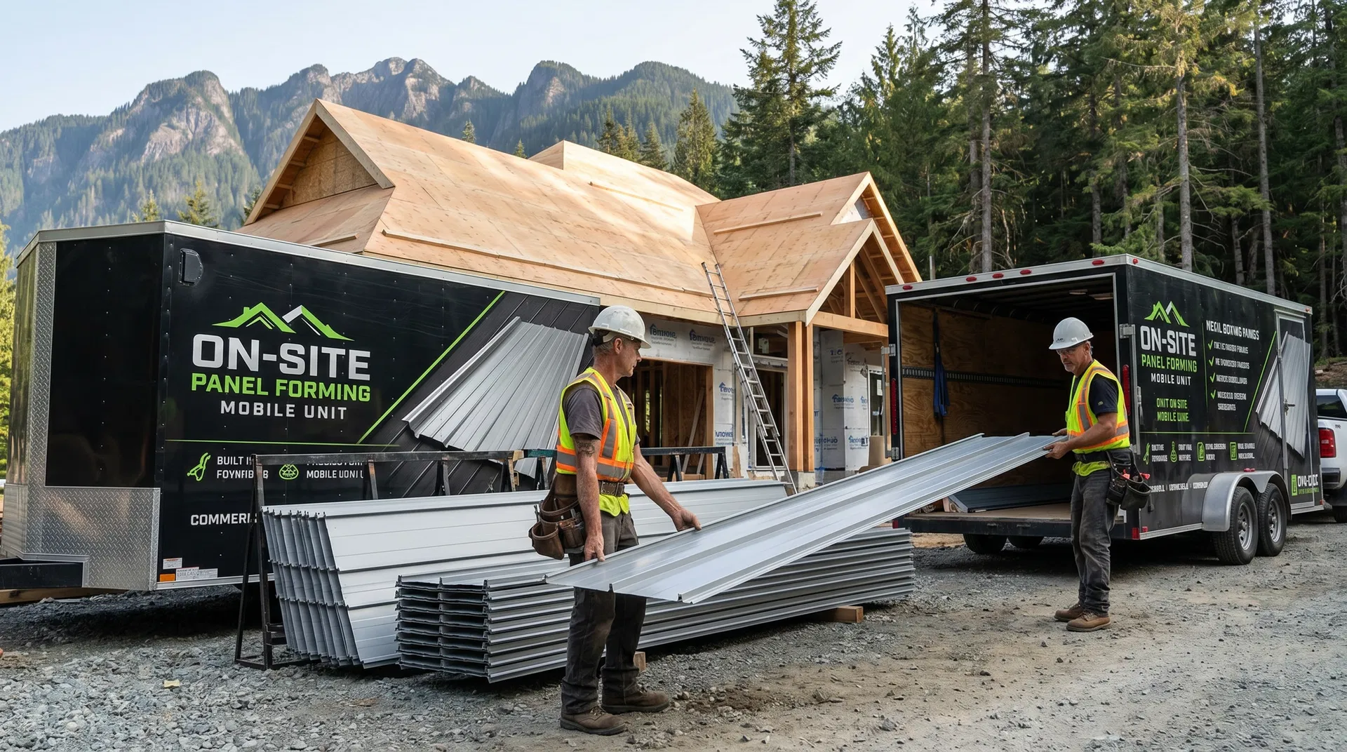 Roofers picking up finished 12-inch standing seam panels from the stack beside the trailer