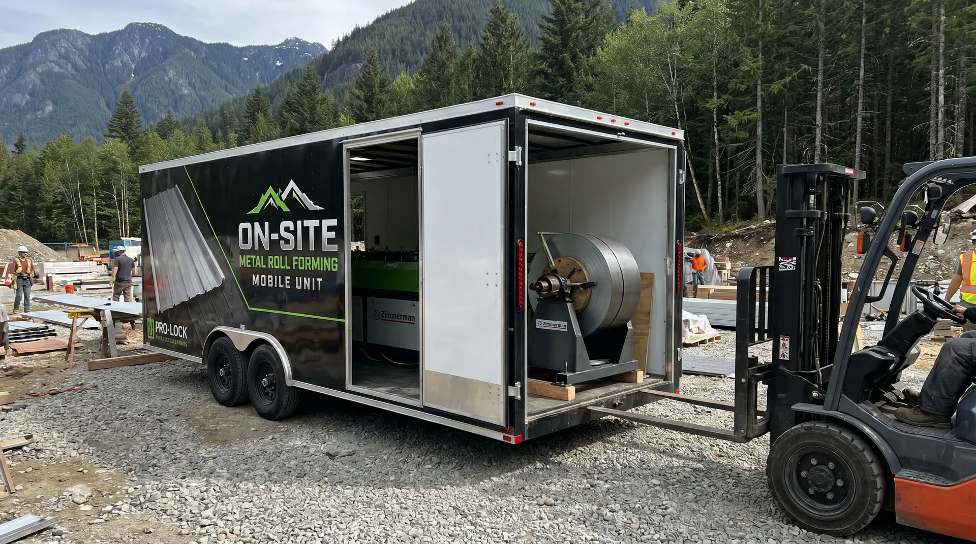 Curbside view — passenger side doors open, forklift loading steel coil spool onto the Zimmerman machine