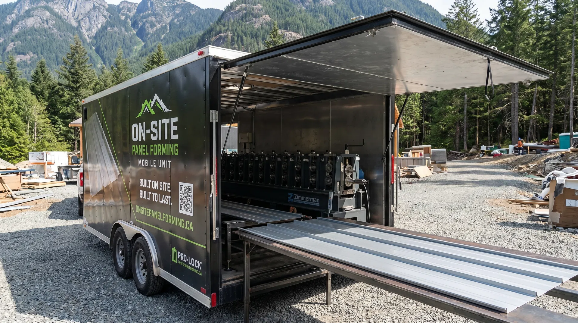 Rear view — roll-up door raised as canopy, panels feeding out of the machine onto the run-out table