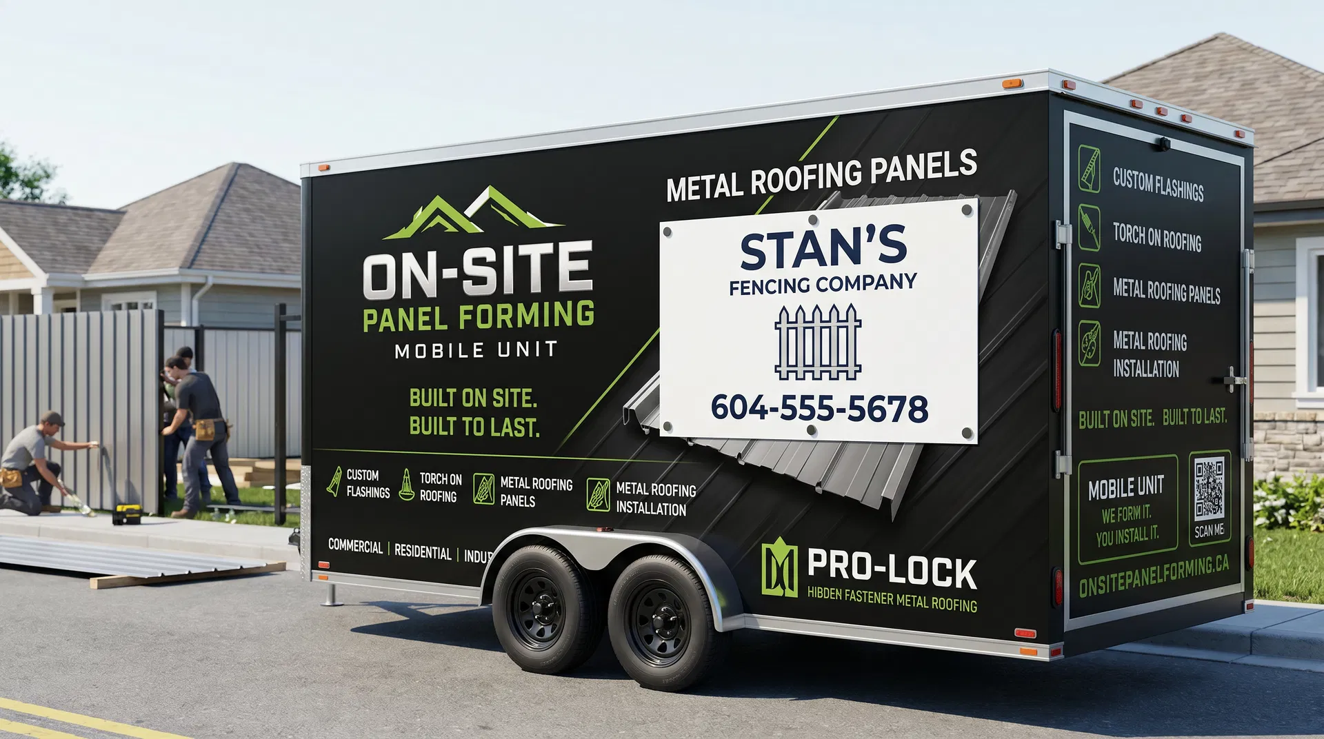 Trailer with Stan's Fencing Company magnetic sign panel