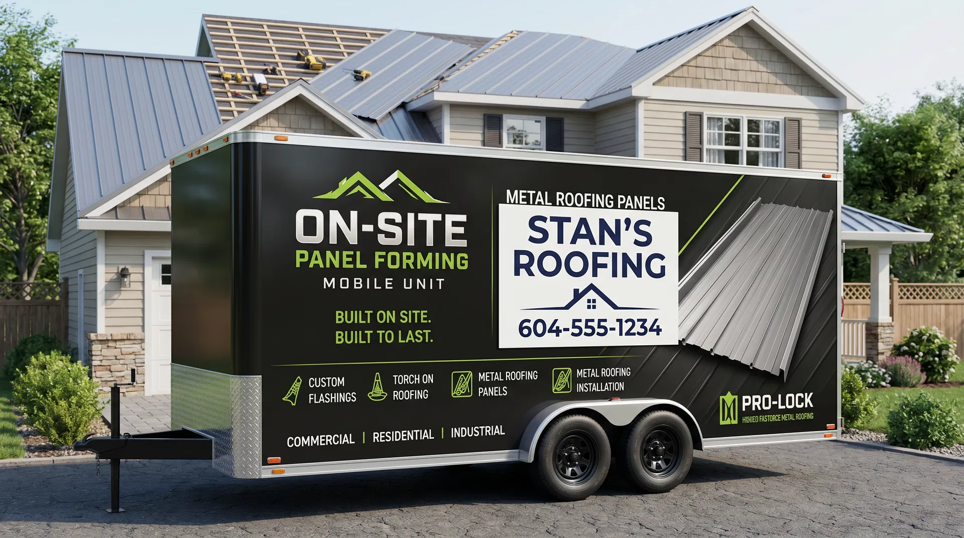 Trailer with Stan's Roofing magnetic sign panel at a residential job site