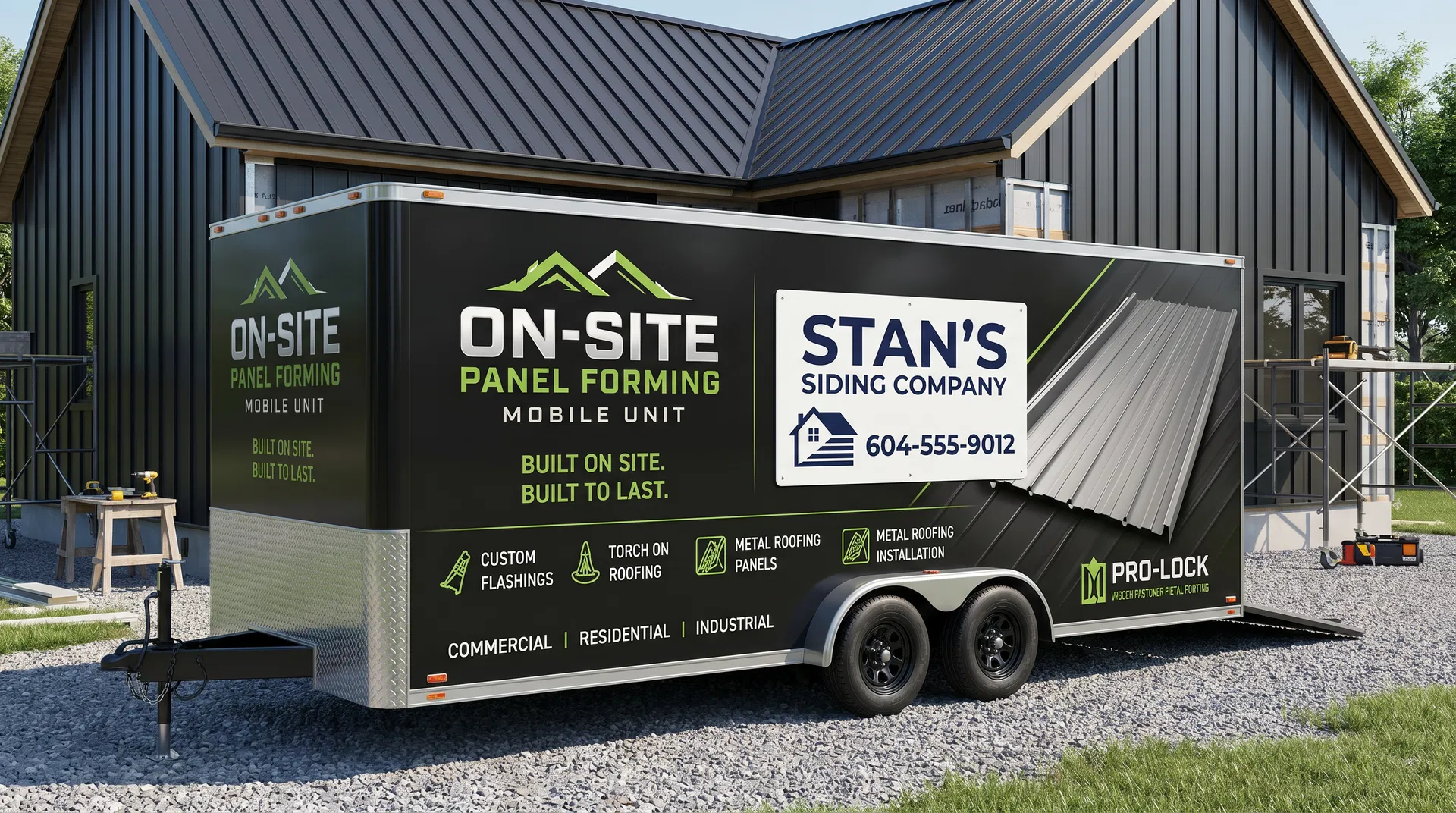 Trailer with Stan's Siding Company magnetic sign panel