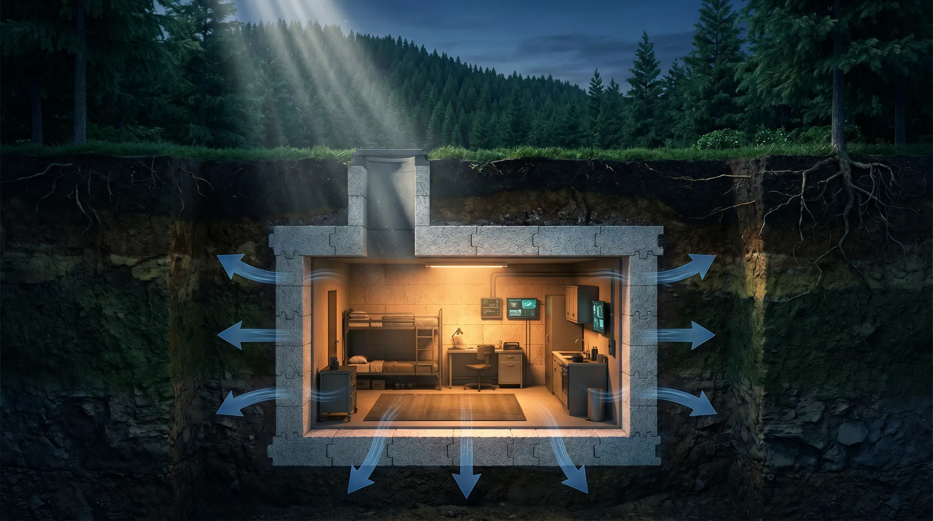 Underground Rad Block bunker cross-section showing breathing wall system