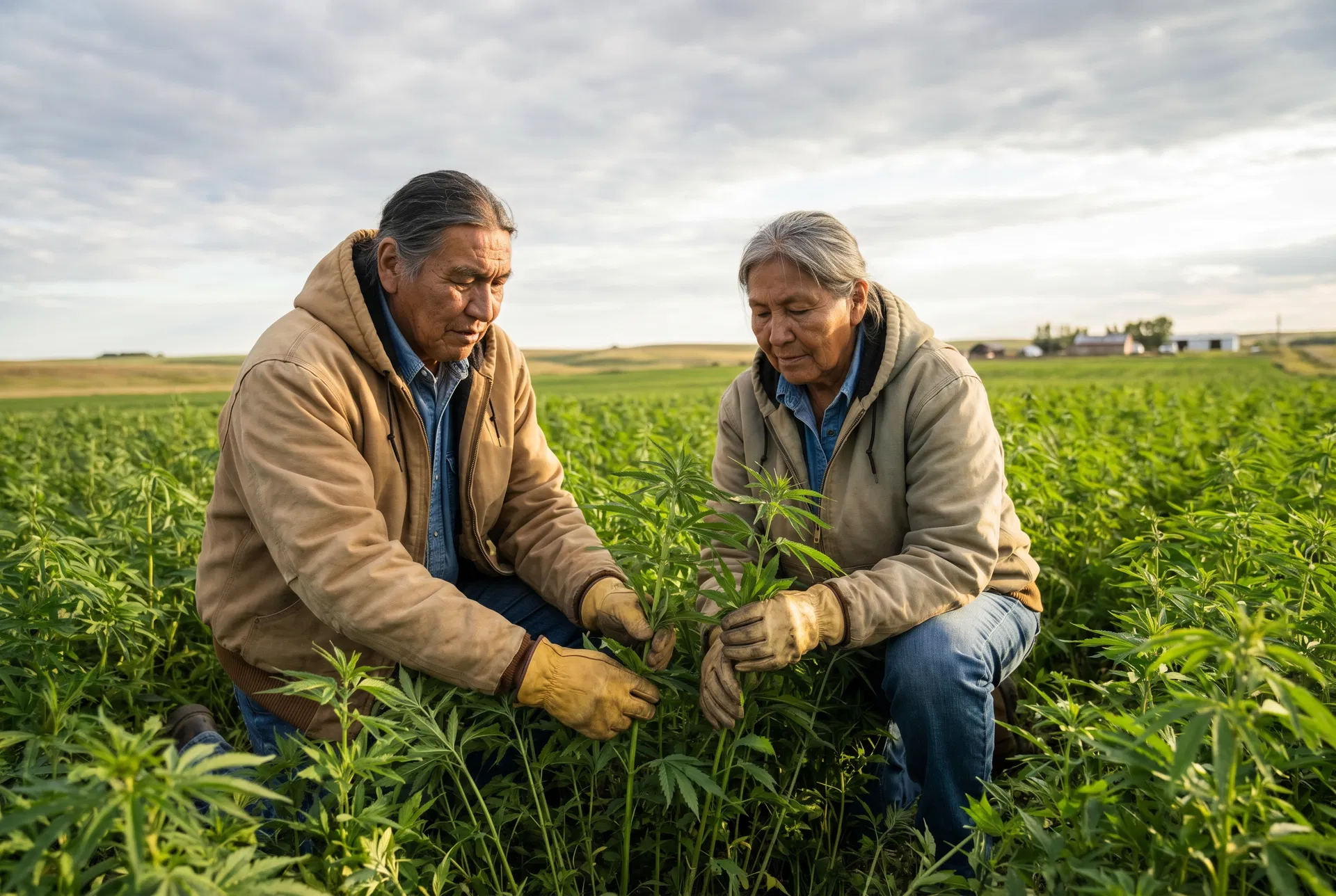 Indigenous farmers examining hemp plants on prairie farmland