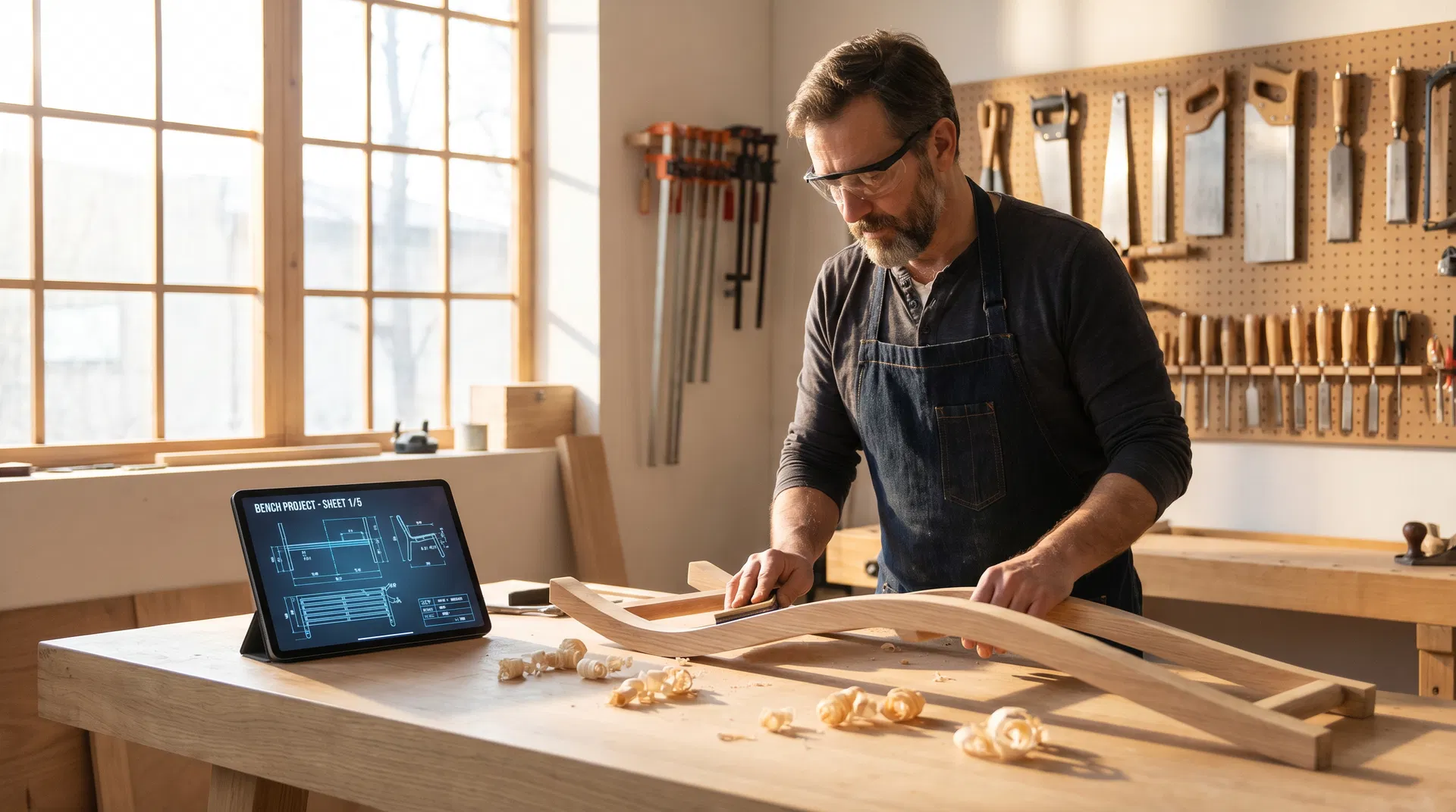 Craftsman building wooden furniture while consulting digital blueprints on tablet