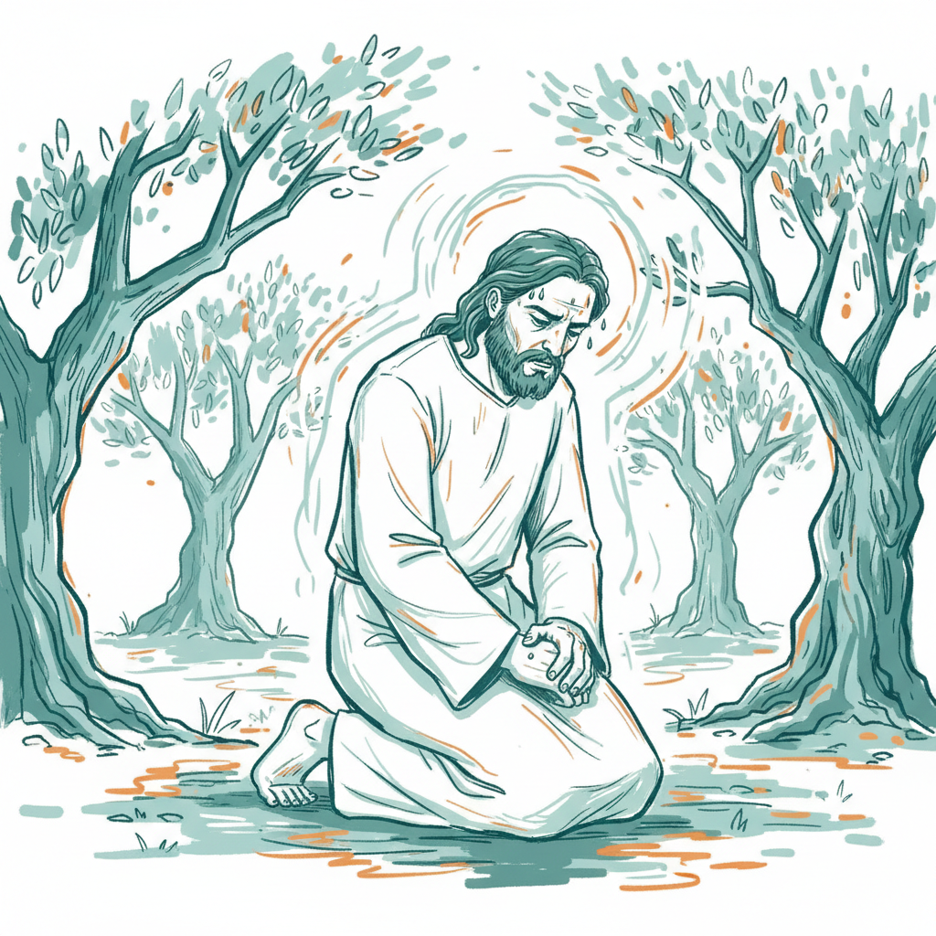 Jesus in Gethsemane, kneeling in prayer with an expression of intense, determined struggle, not passive suffering.