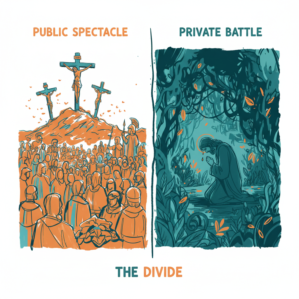 Contrasting images of Jesus: public crucifixion on one side, solitary prayer in a dark garden on the other, highlighting visible versus unseen struggle.