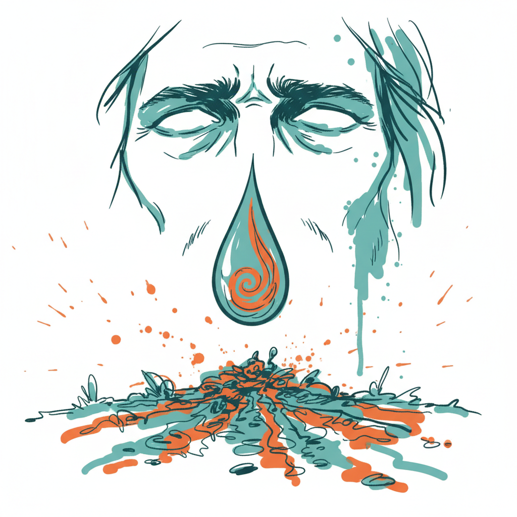 A single drop of blood-tinged sweat falling from Jesus' brow in the dark Garden of Gethsemane, symbolizing extreme physical and emotional distress.