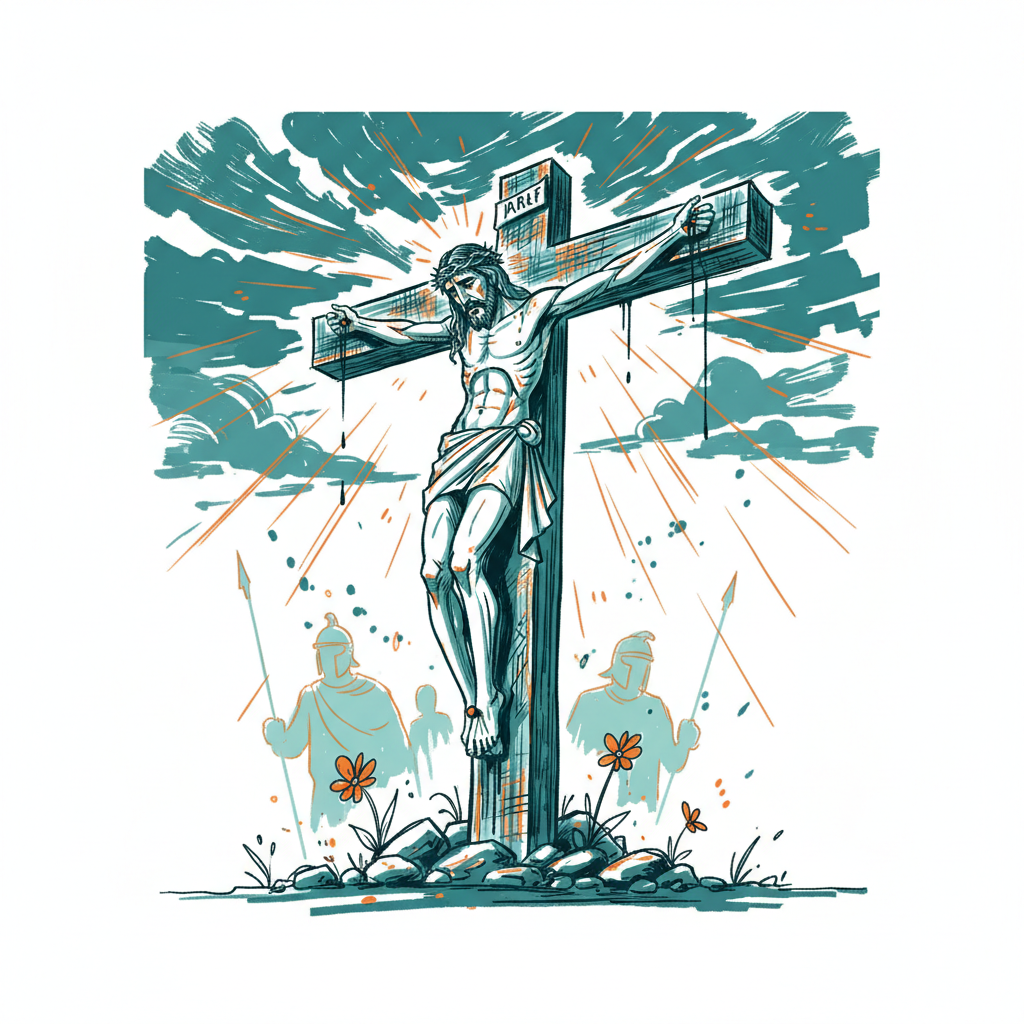 Jesus on the cross, a solemn and purposeful expression on His face under a dramatic sky.