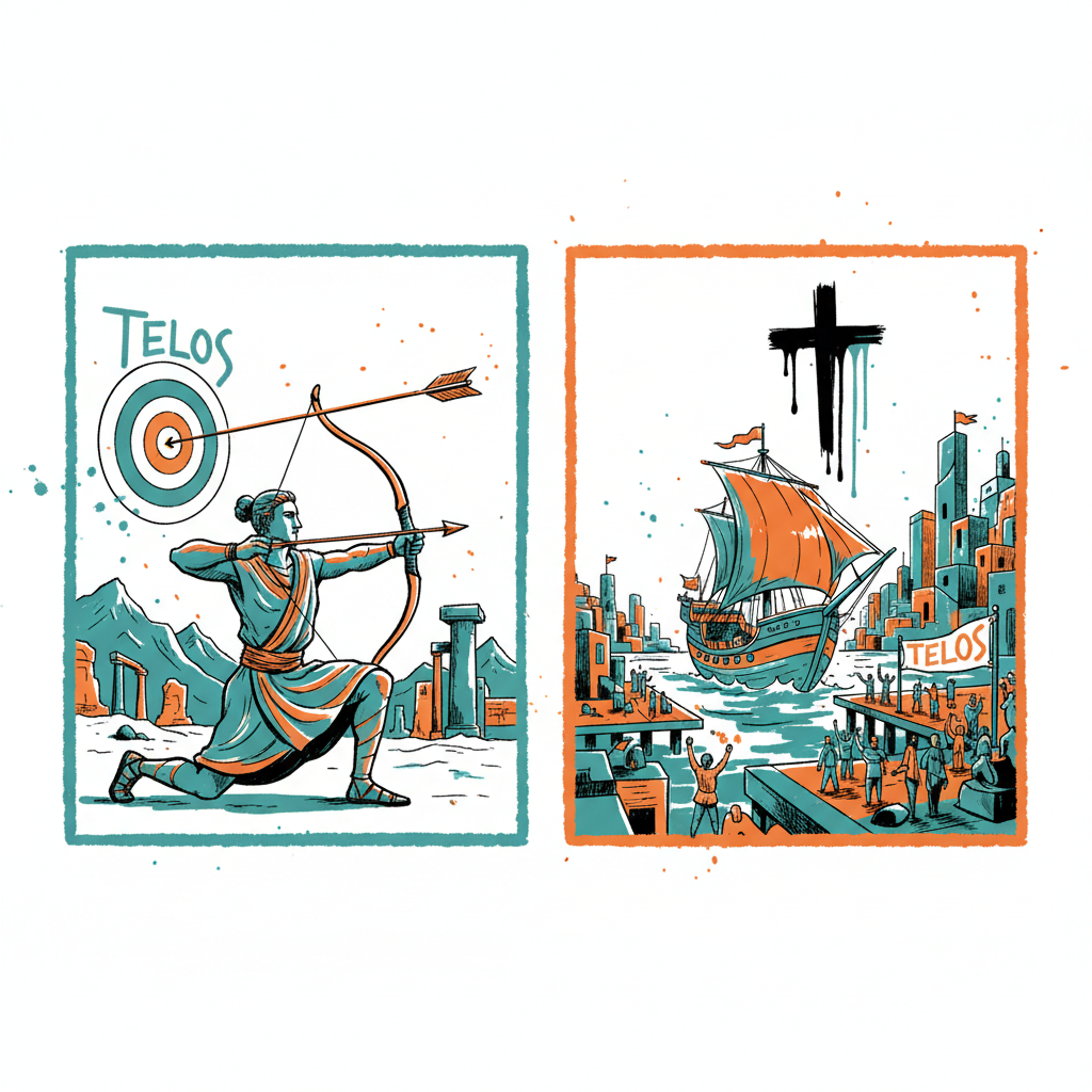 An archer's arrow hitting a bullseye and a ship arriving at port, illustrating the concept of 'telos' or intended goal.