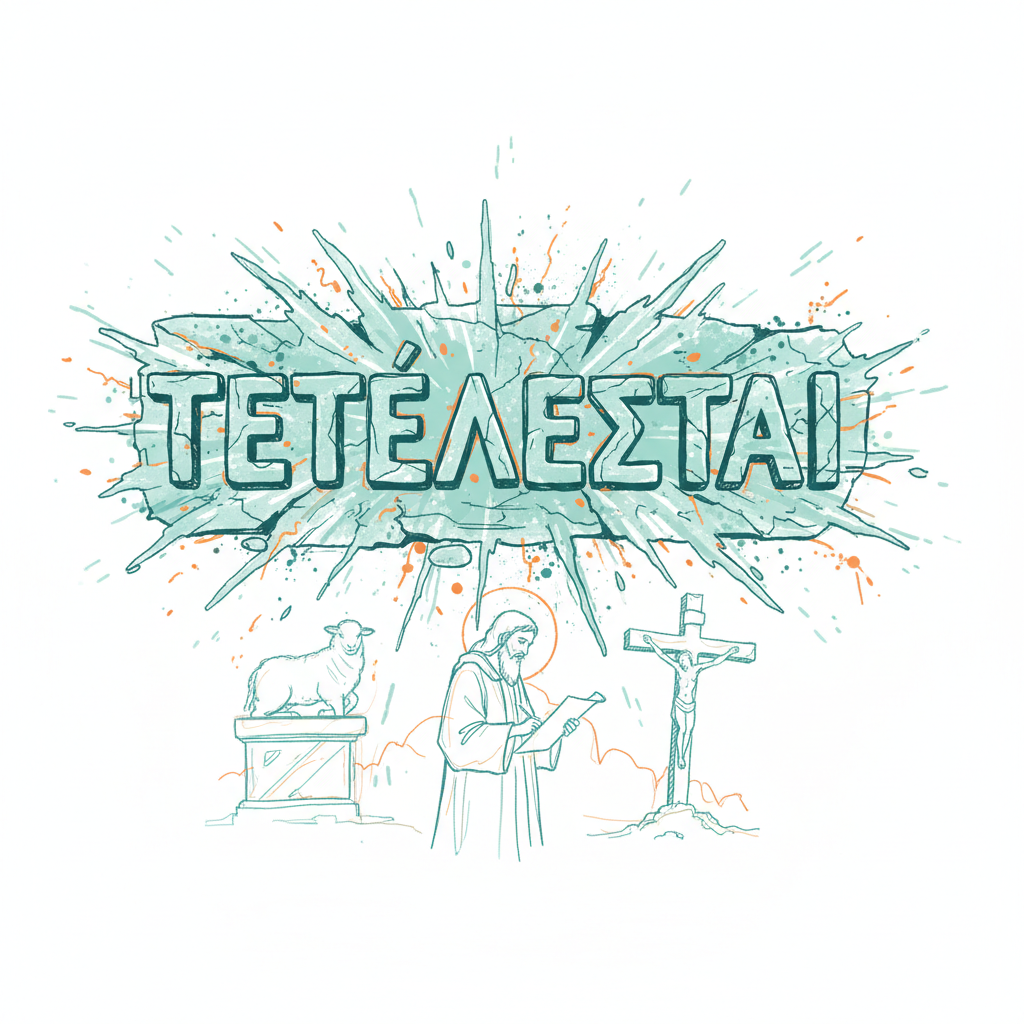 The Greek word 'tetelestai' carved into stone, radiating light, with faint historical scenes of sacrifice and prophecy in the background.