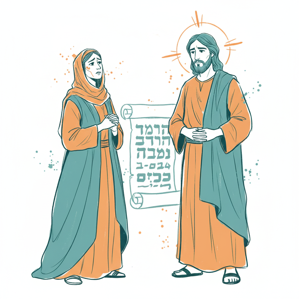 Martha looking at Jesus, who stands as the embodiment of resurrection, with a calendar in the background.