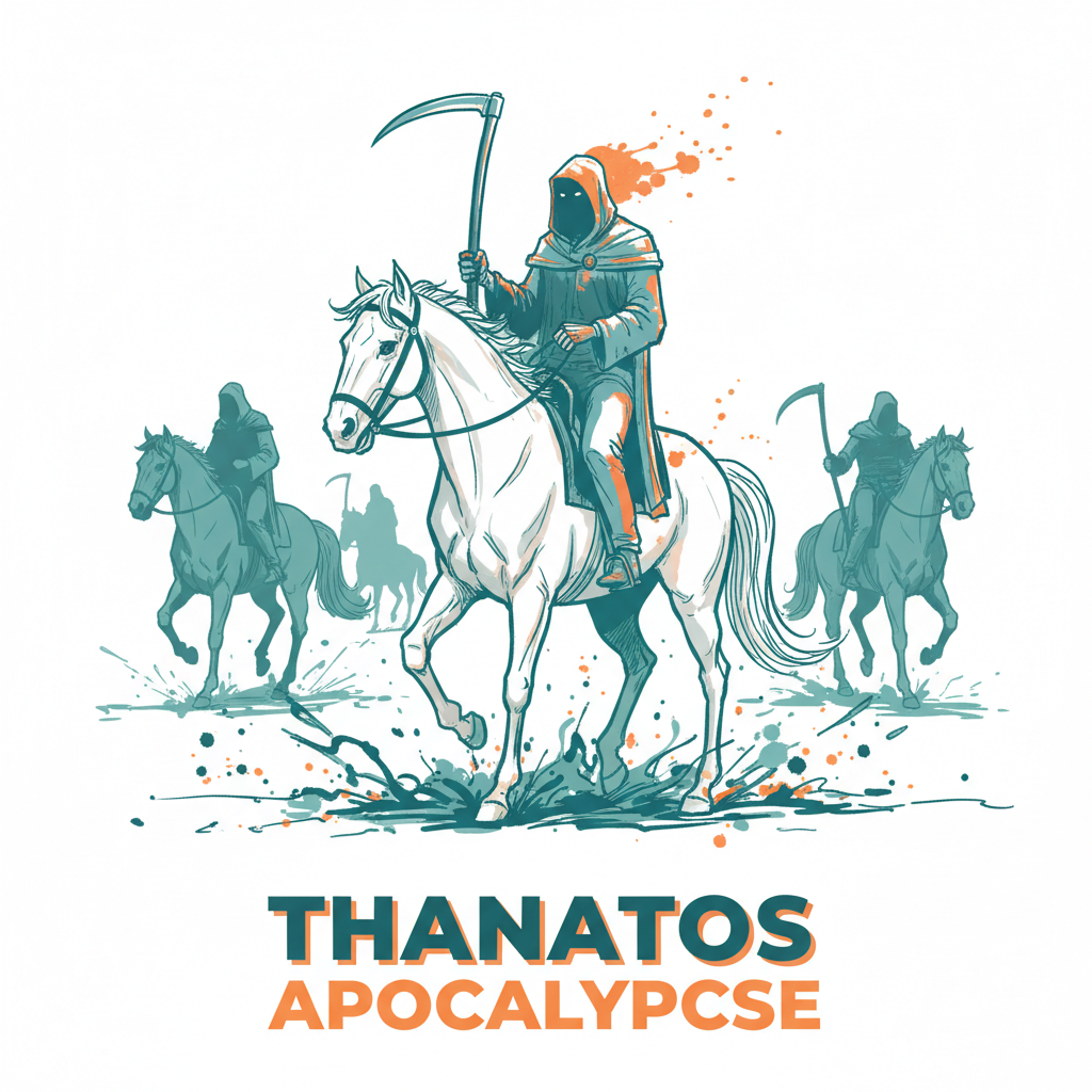 The Fourth Horseman, Thanatos, riding a pale horse, with a subtle light of hope.