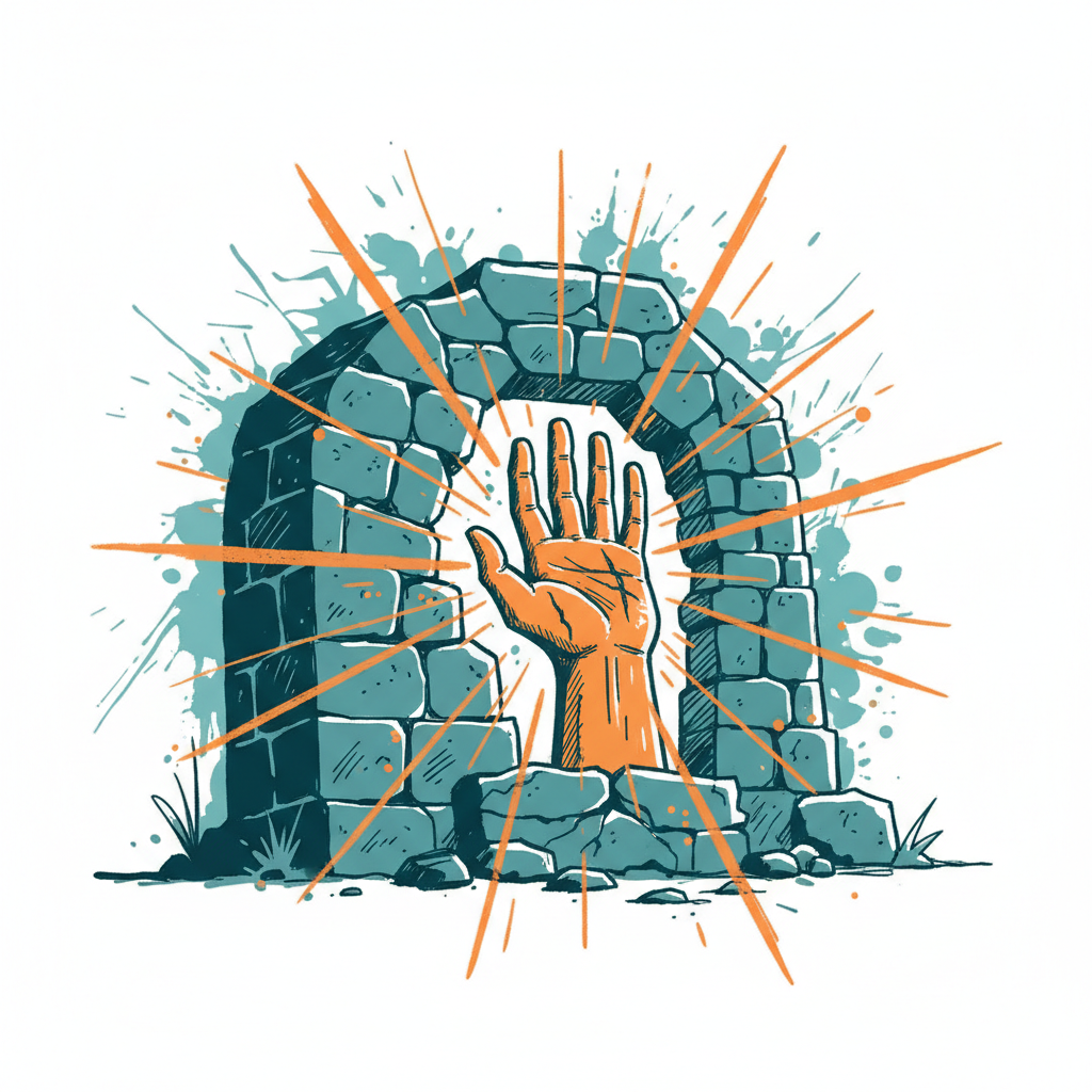 A radiant hand breaking out of a stone tomb, symbolizing Christ's resurrection and victory over death.