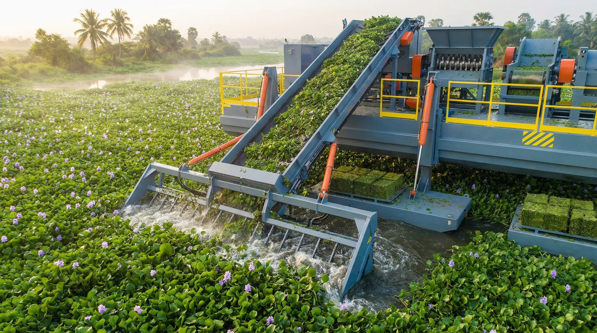 MANATEE ECO HARVESTER — Frontansicht Ernteprozess mit Sammelbalken und Förderband