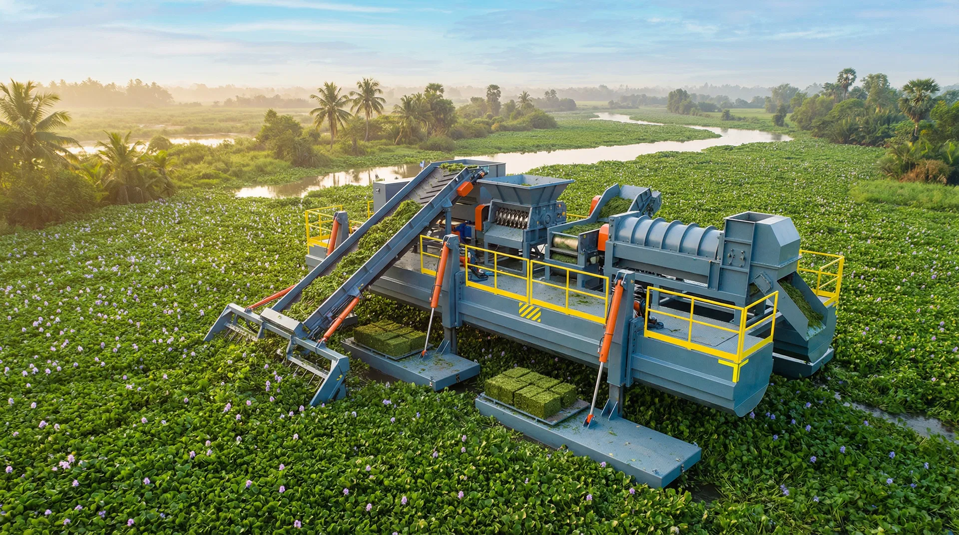 MANATEE ECO HARVESTER — Autonomer Katamaran-Harvester bei der Arbeit in Wasserhyazinthen