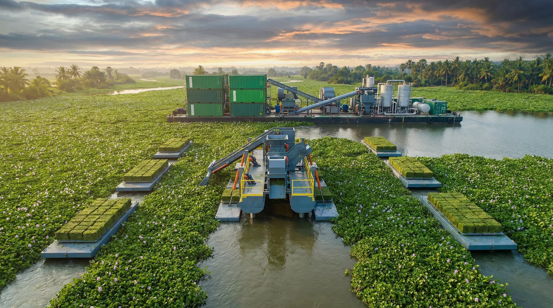 MANATEE Gesamtsystem — Harvester, autonome Schwimmpontons und schwimmende Verarbeitungsfabrik