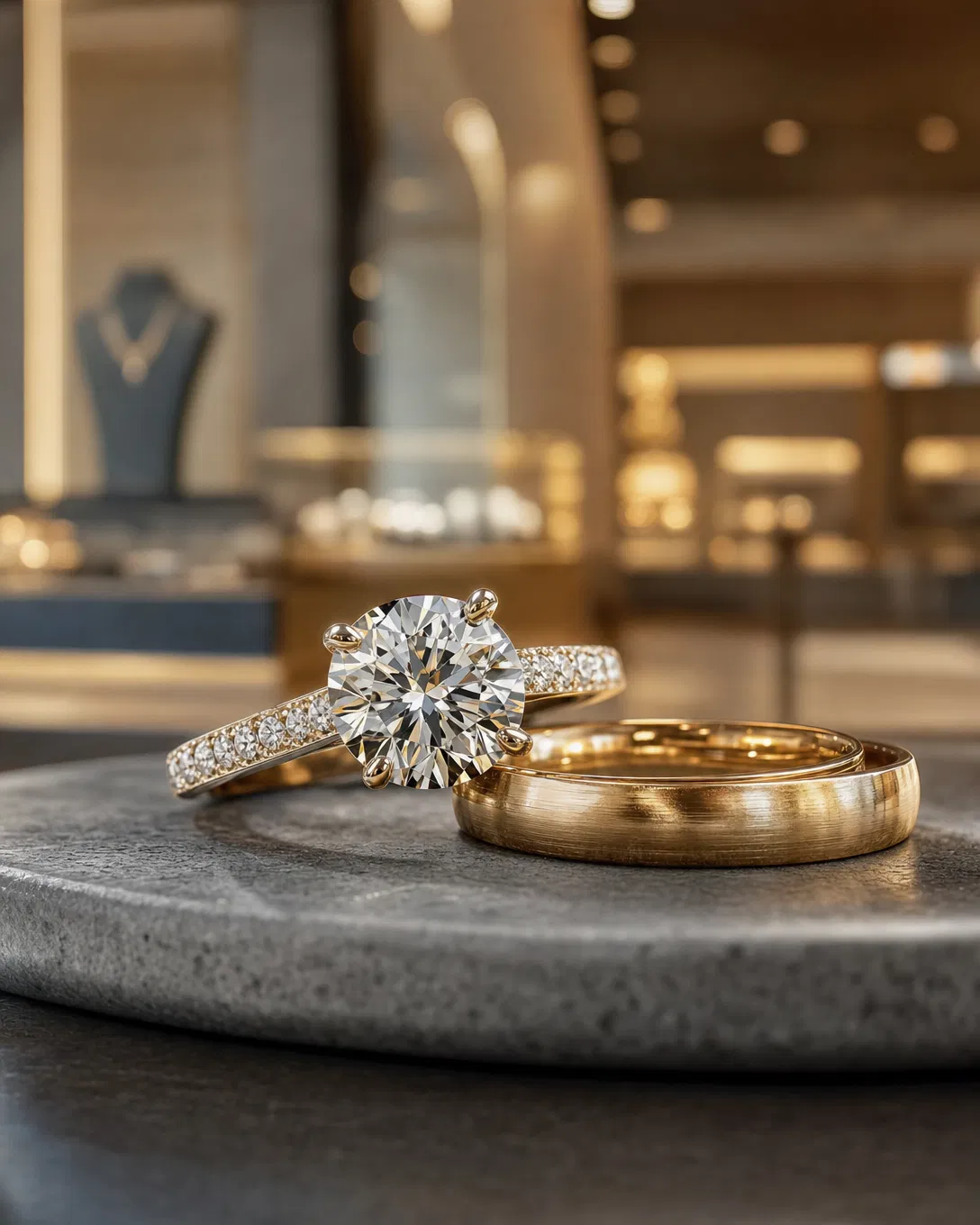 Diamond ring and gold band detail at Ramoutar Jewellers