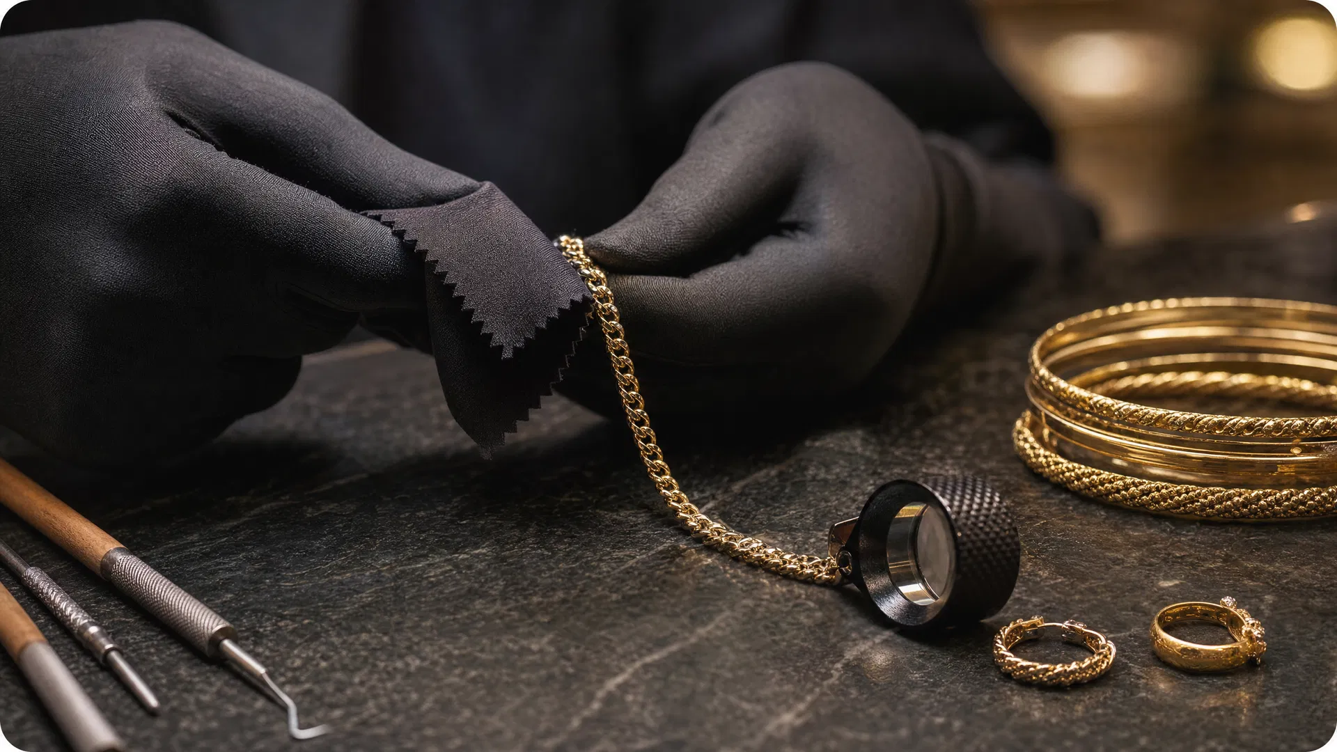 Gloved jeweller inspecting a gold chain with bangles and tools for Ramoutar Jewellers repairs and remake services