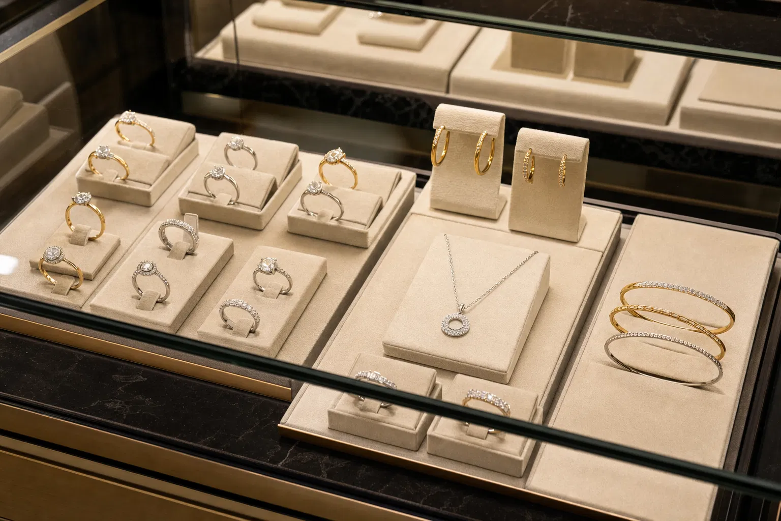 Jewellery display case with rings, hoops, pendant, and bangles