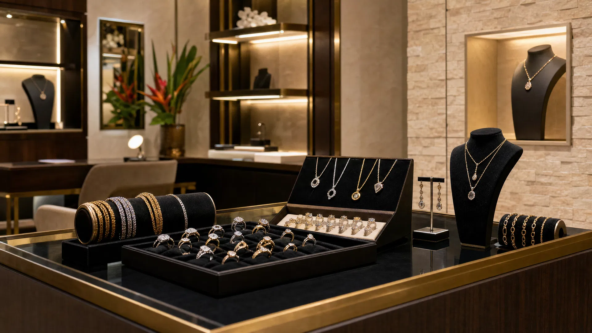 Modern Ramoutar Jewellers showroom with rings, gold bangles, pendants, and warm display lighting