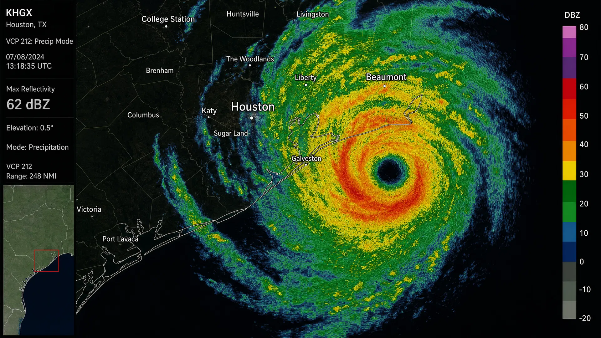 Doppler radar image of a hurricane approaching the Texas Gulf Coast — Houston, Galveston, Katy visible