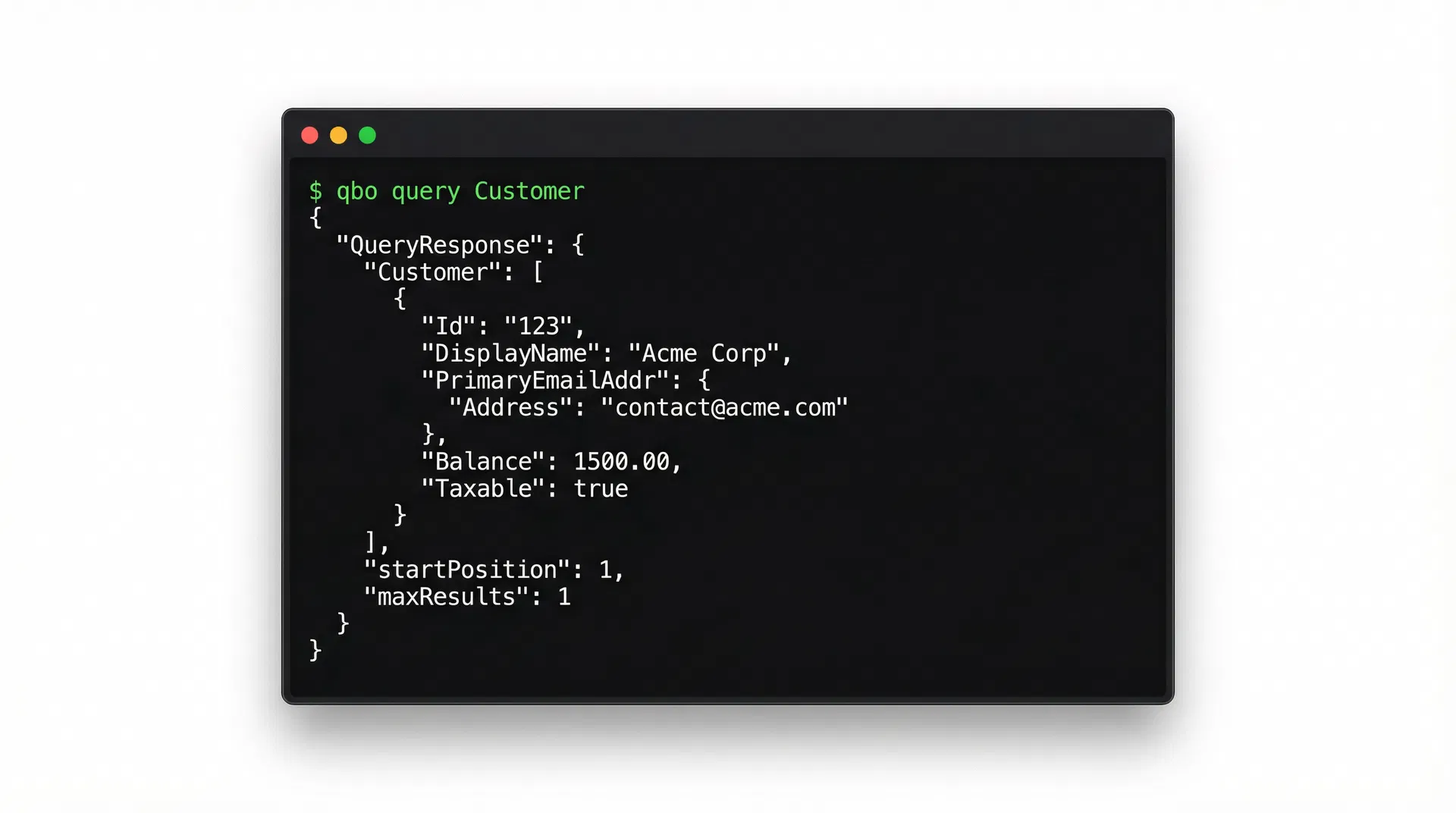 qbo cli terminal output showing a customer query with JSON response