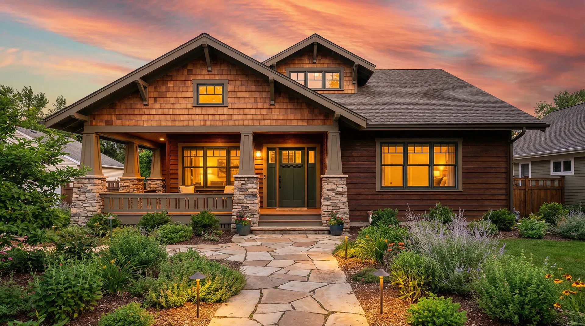 Beautiful craftsman home at golden hour