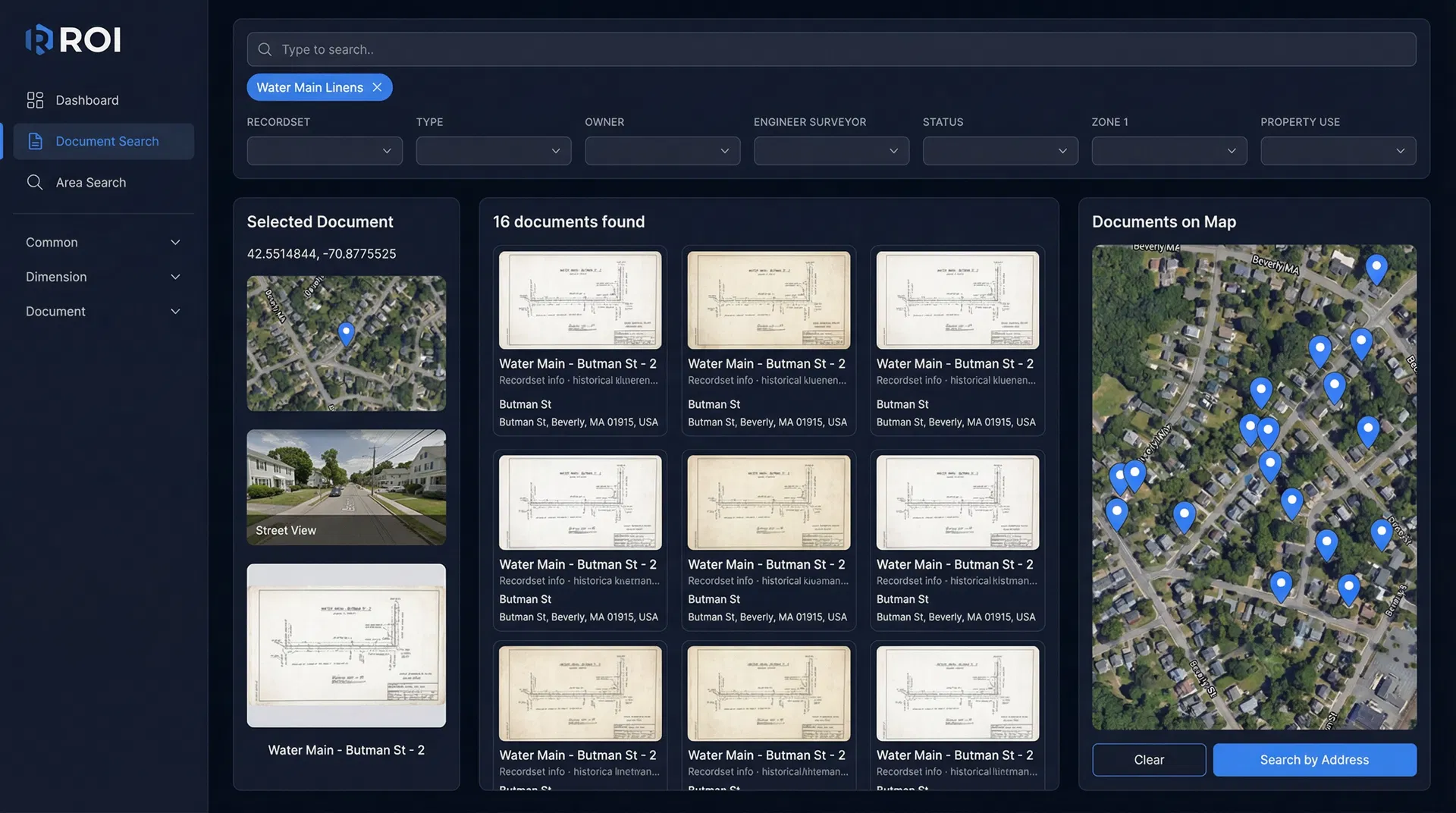 ROI Platform — Document Search showing 16 Water Main Linen documents with map view, street view, and historical blueprint thumbnails