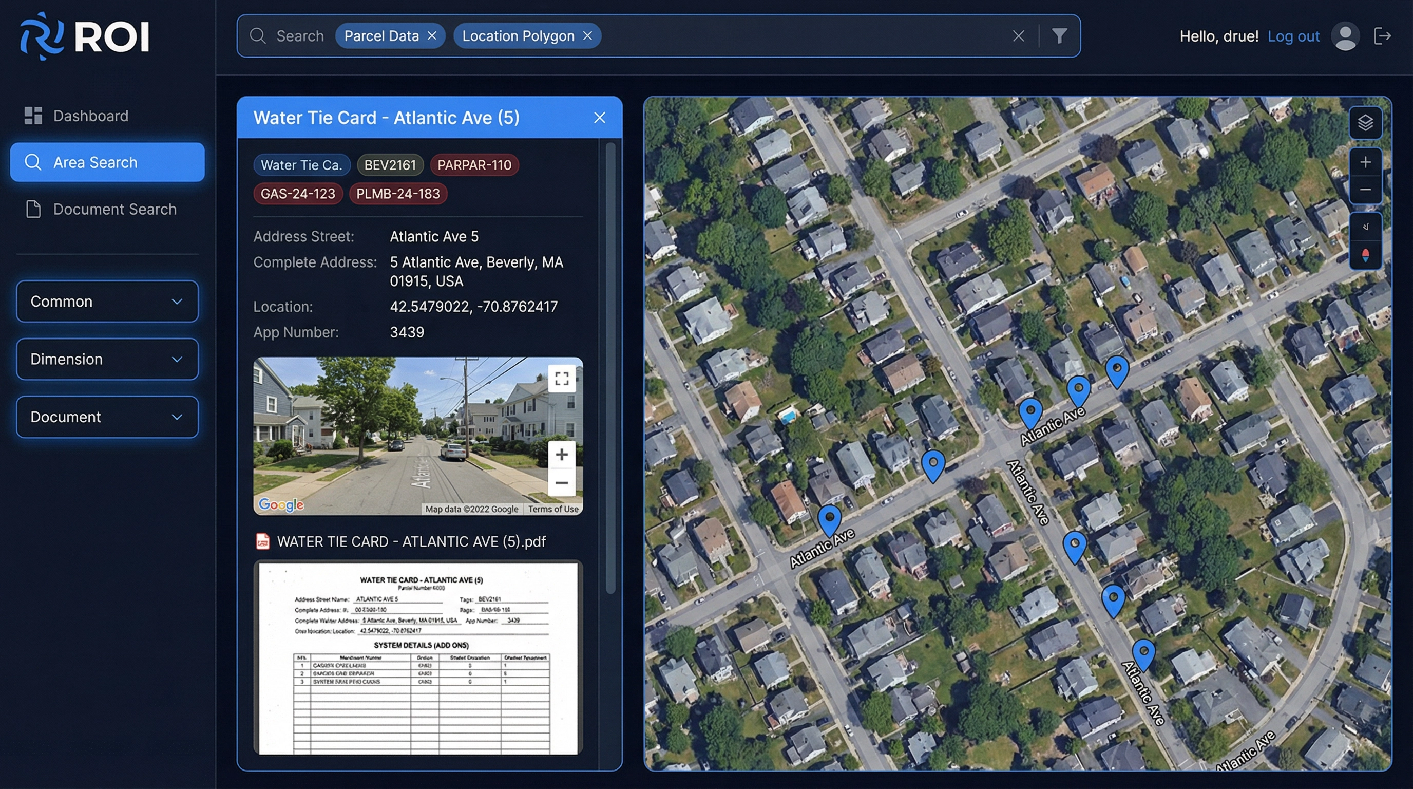 Raybern ROI Platform — Area Search showing Water Tie Card for Atlantic Ave with parcel data, GIS map, and historical documents