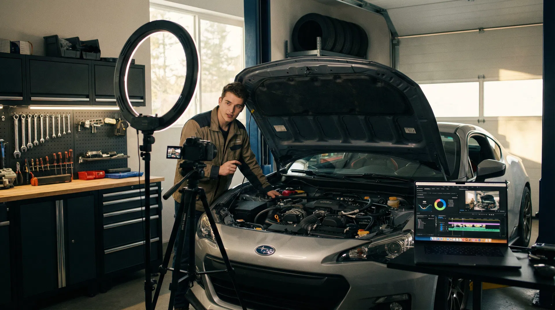 Automotive content creator filming a tutorial