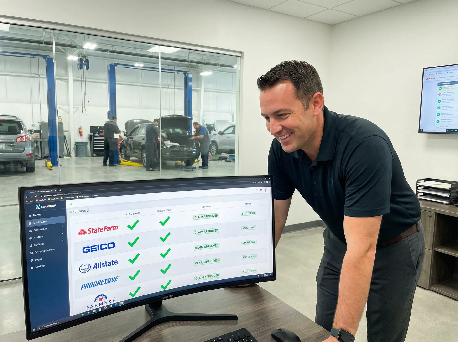 Shop manager reviewing insurance approvals on AVCAPA dashboard
