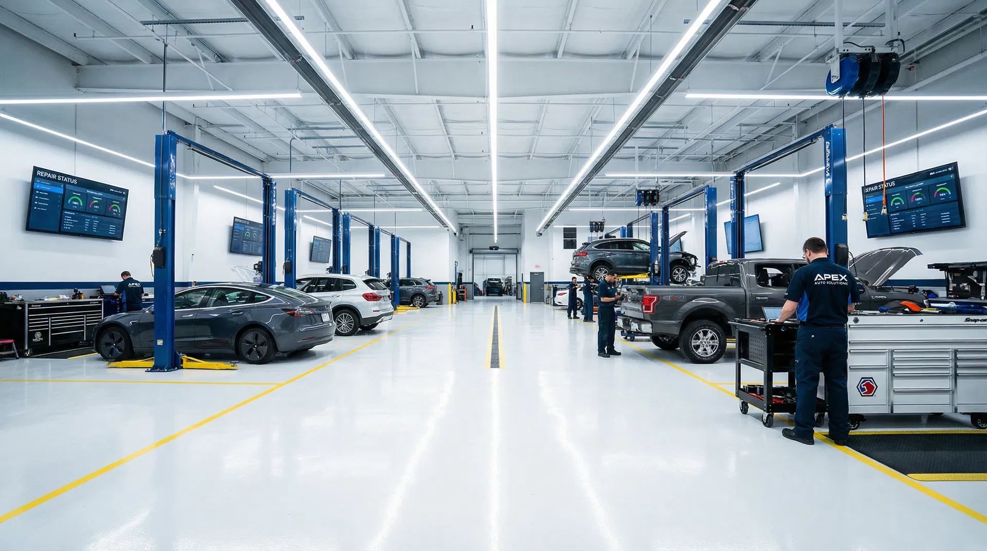 Modern auto body collision repair shop with AVCAPA digital displays