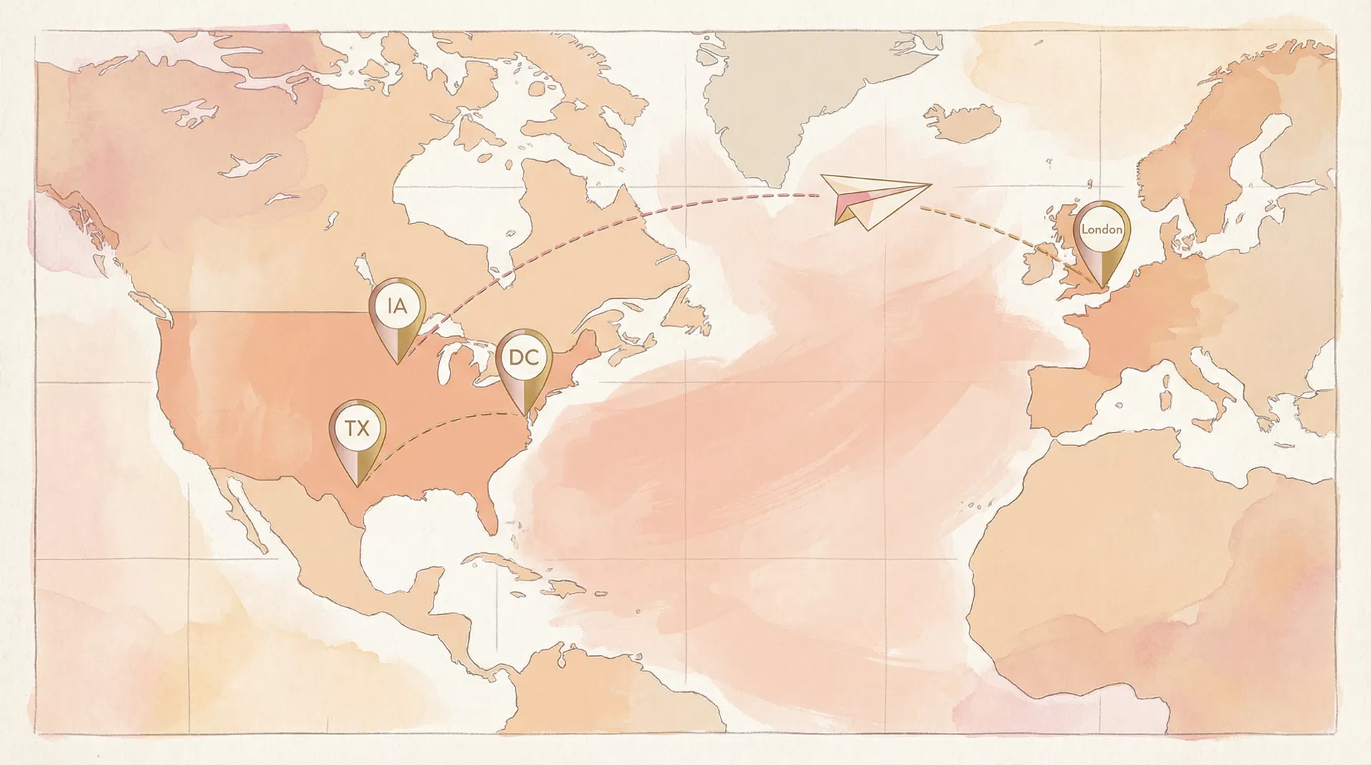 Dylan's travel route: Texas → DC → Iowa → London