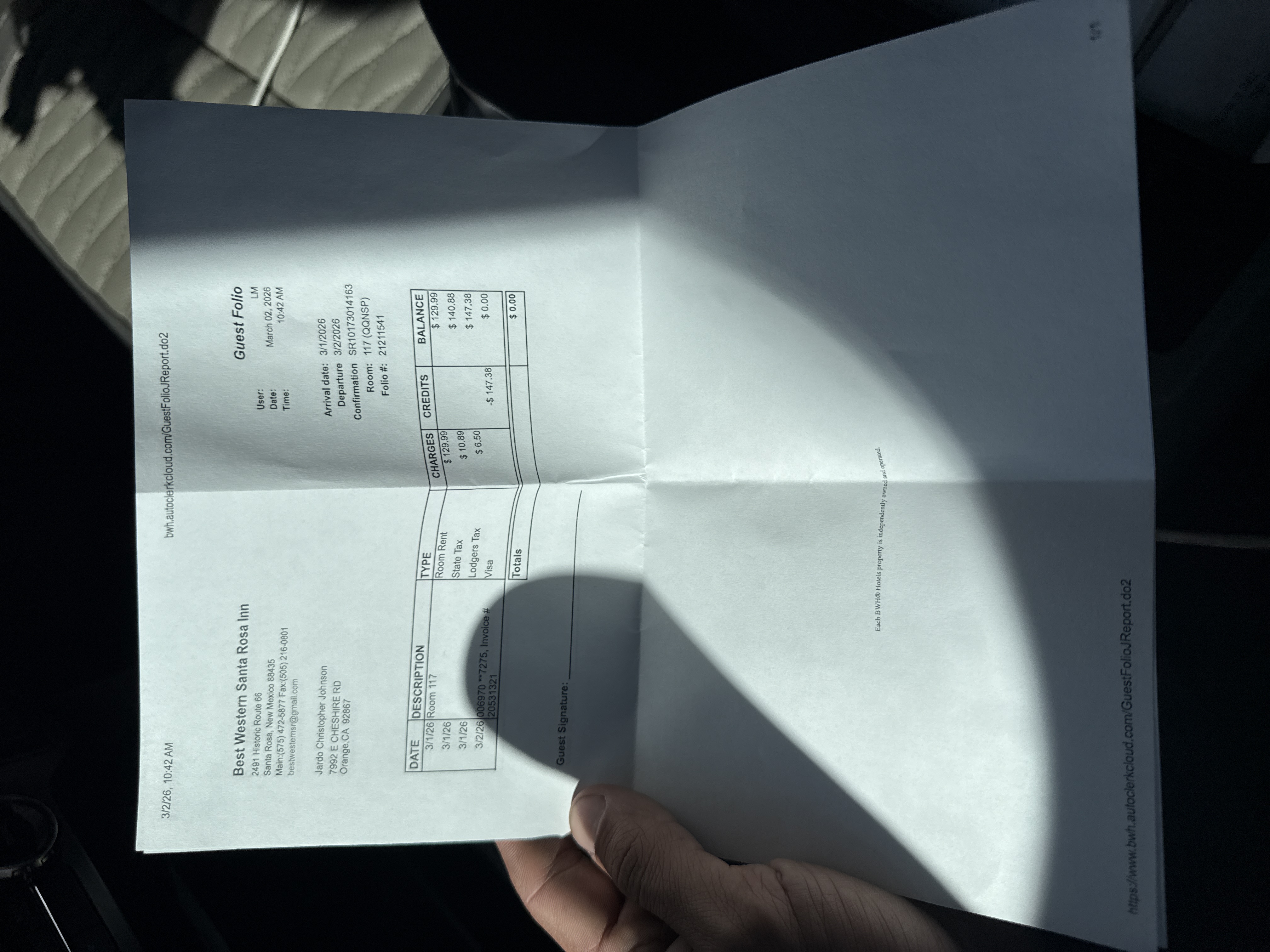 Receipt from Best Western Santa Rosa Inn