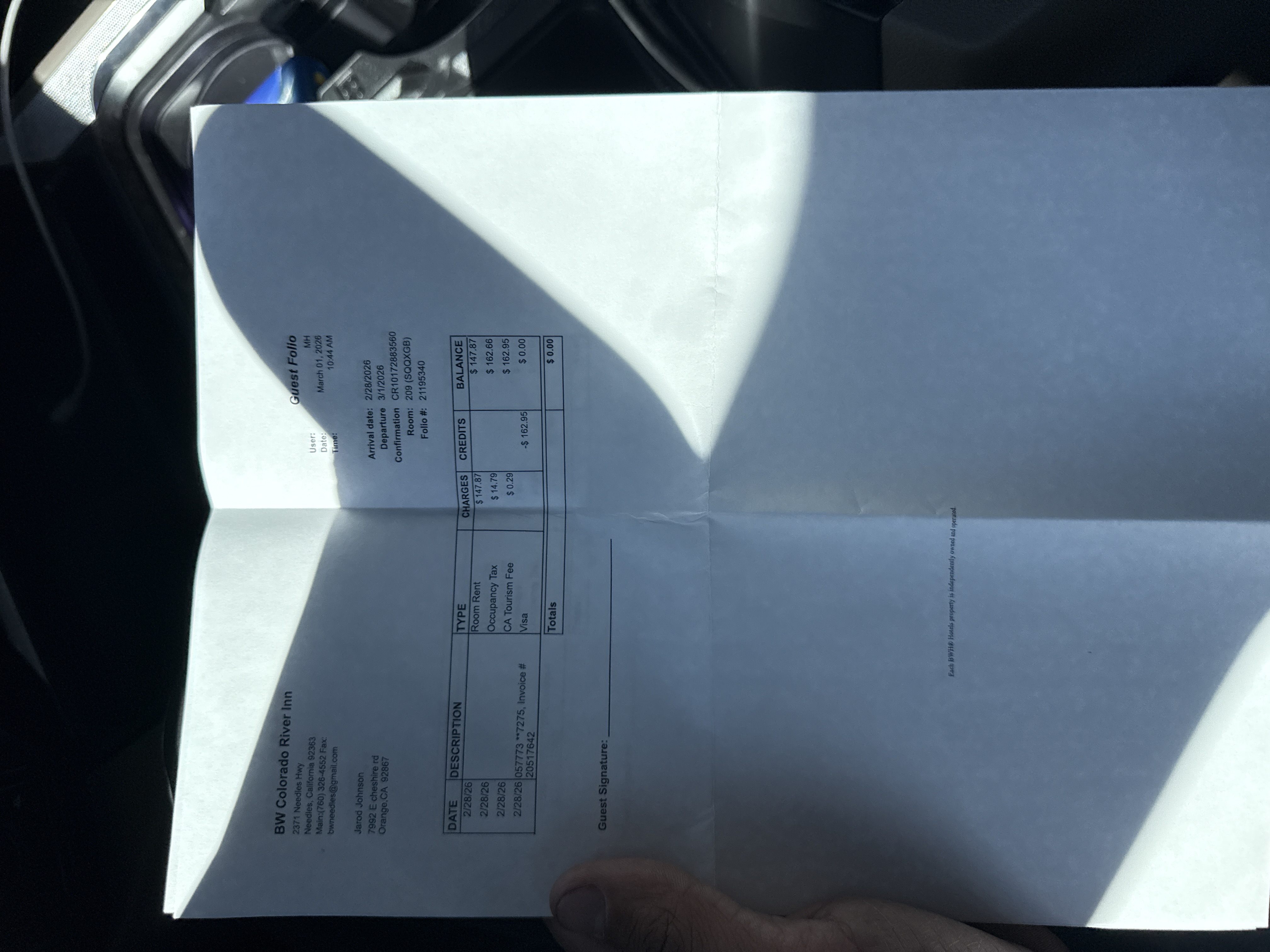 Receipt from BW Colorado River Inn