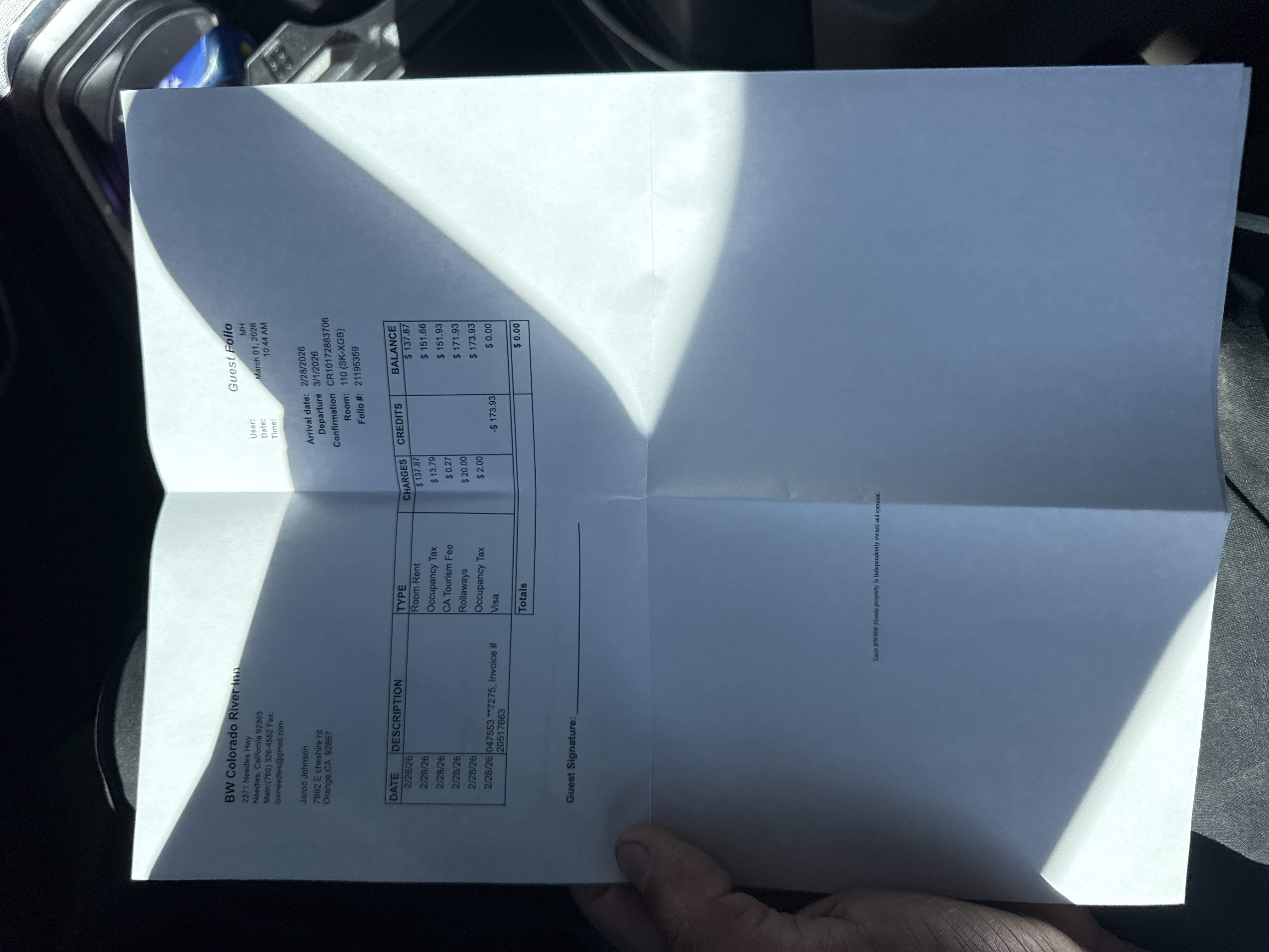 Receipt from BW Colorado River Inn