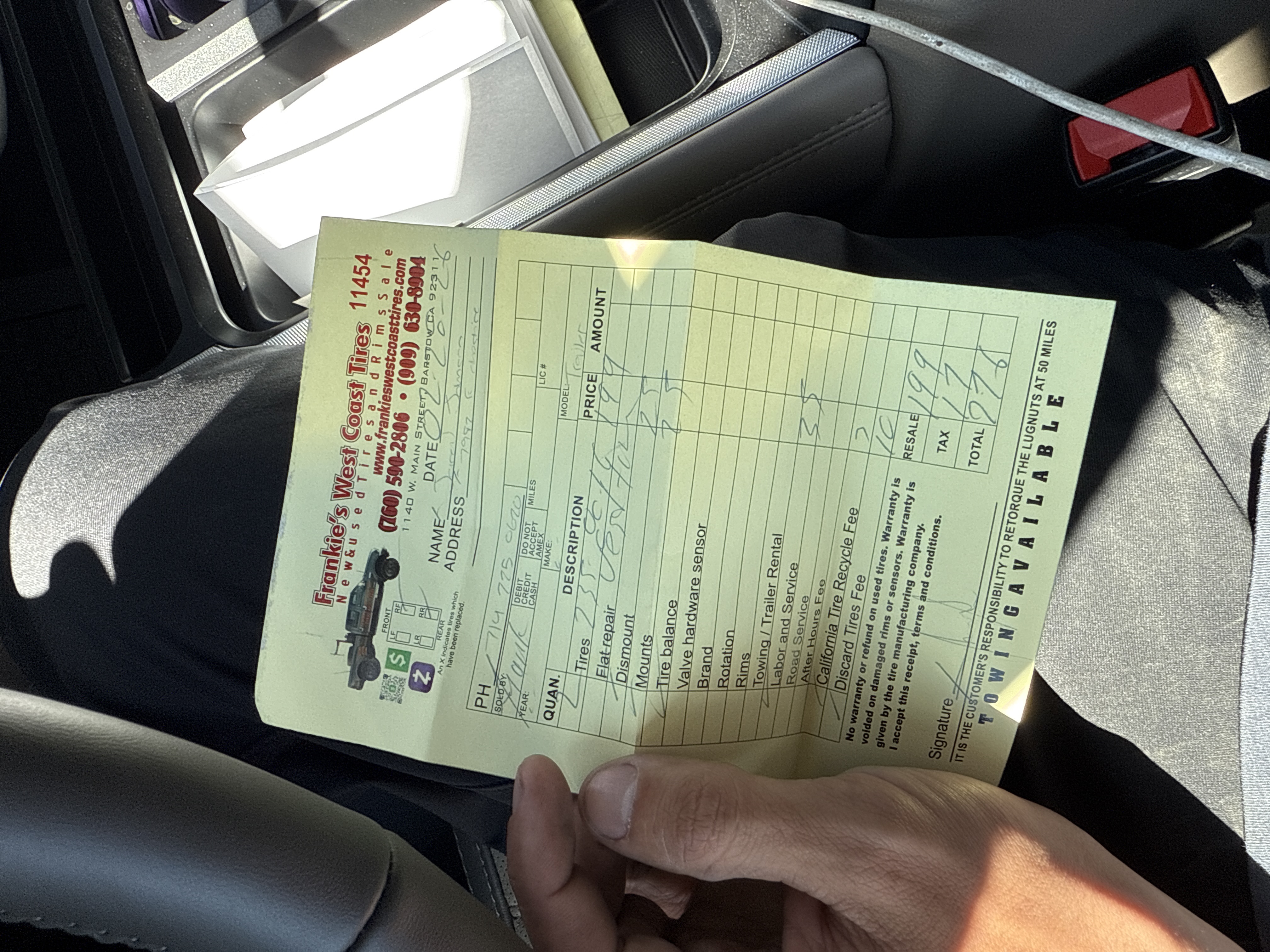 Receipt from Frankie's West Coast Tires