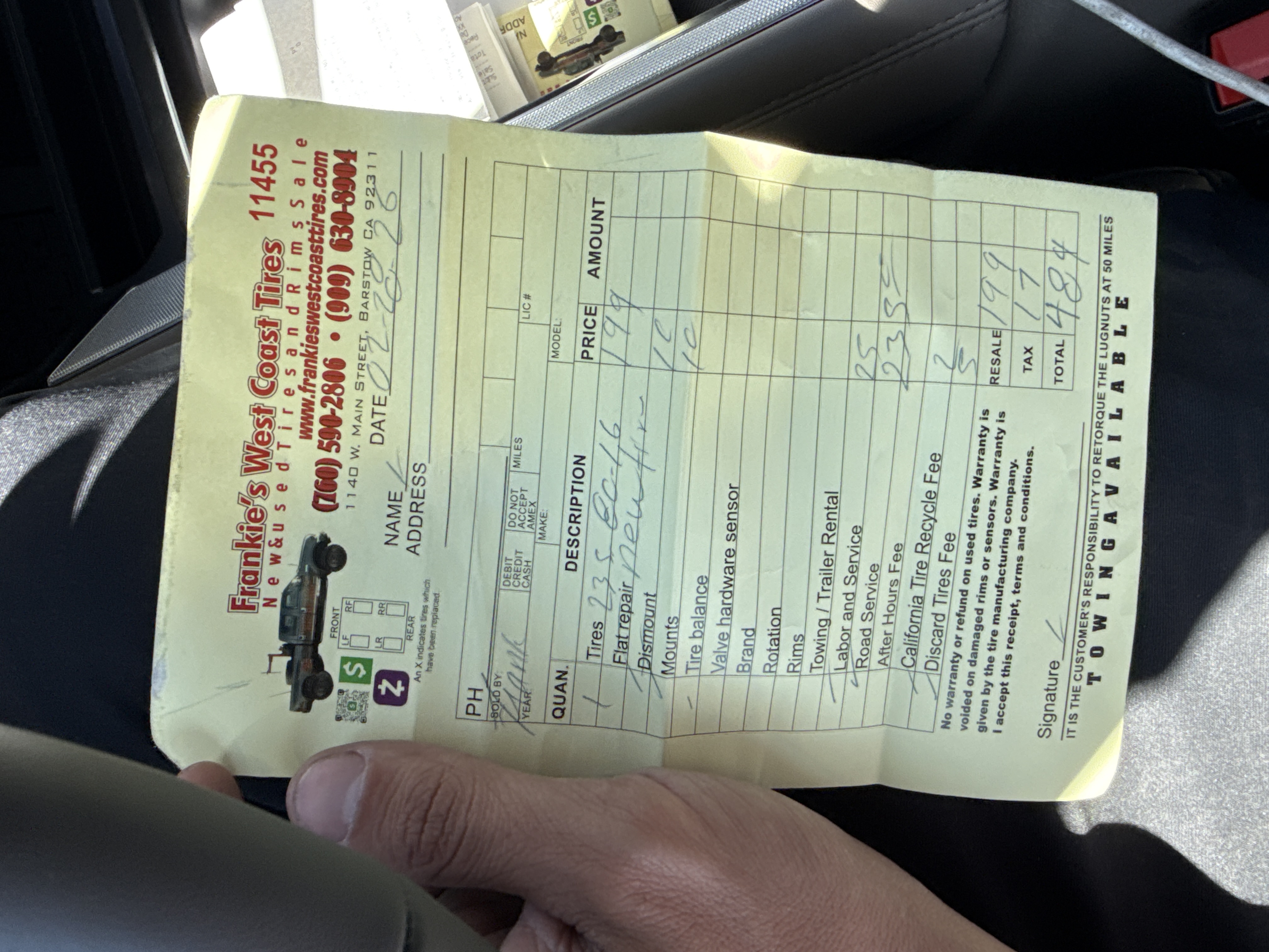 Receipt from Frankie's West Coast Tires