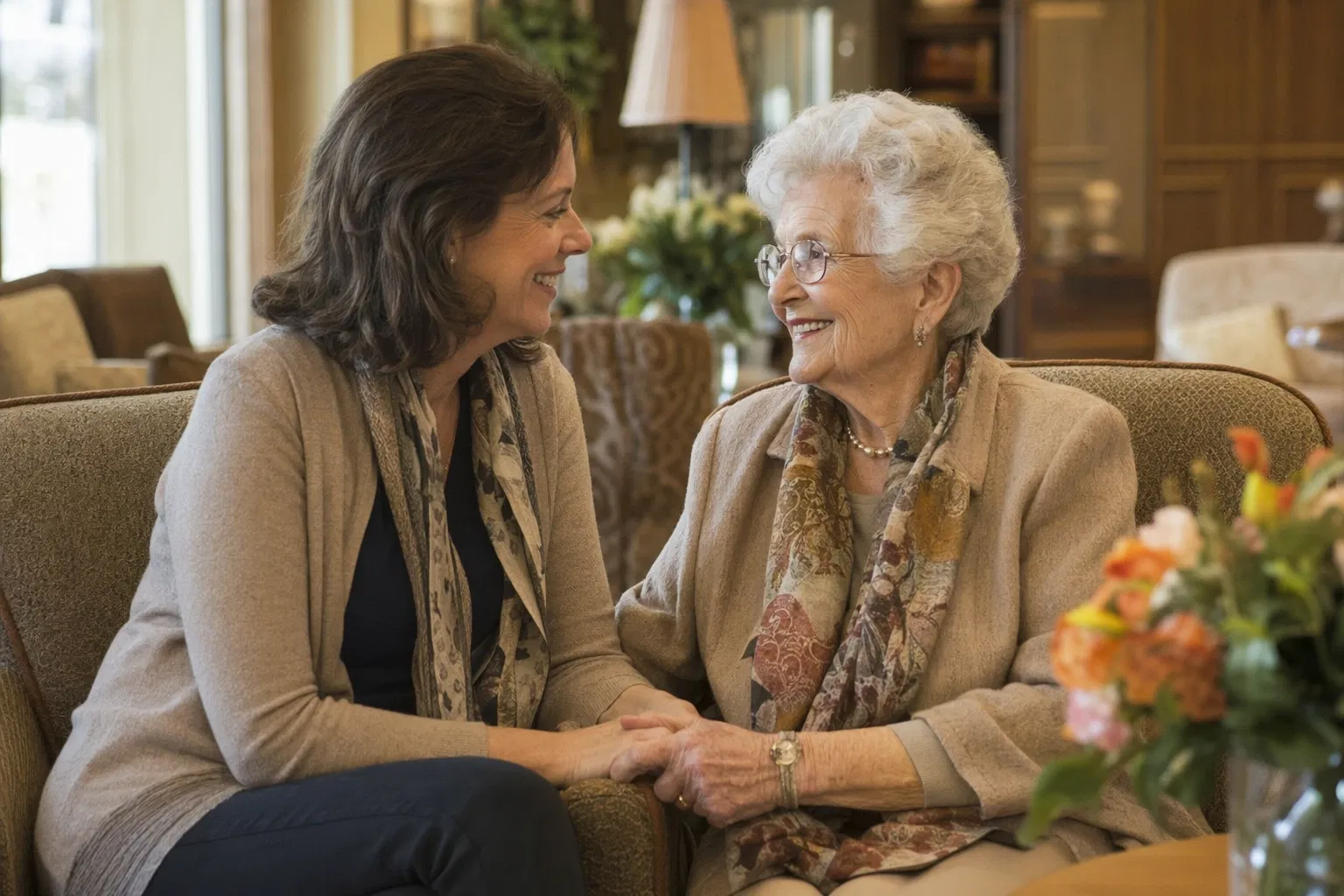 Daughter visiting her mother in a senior living community