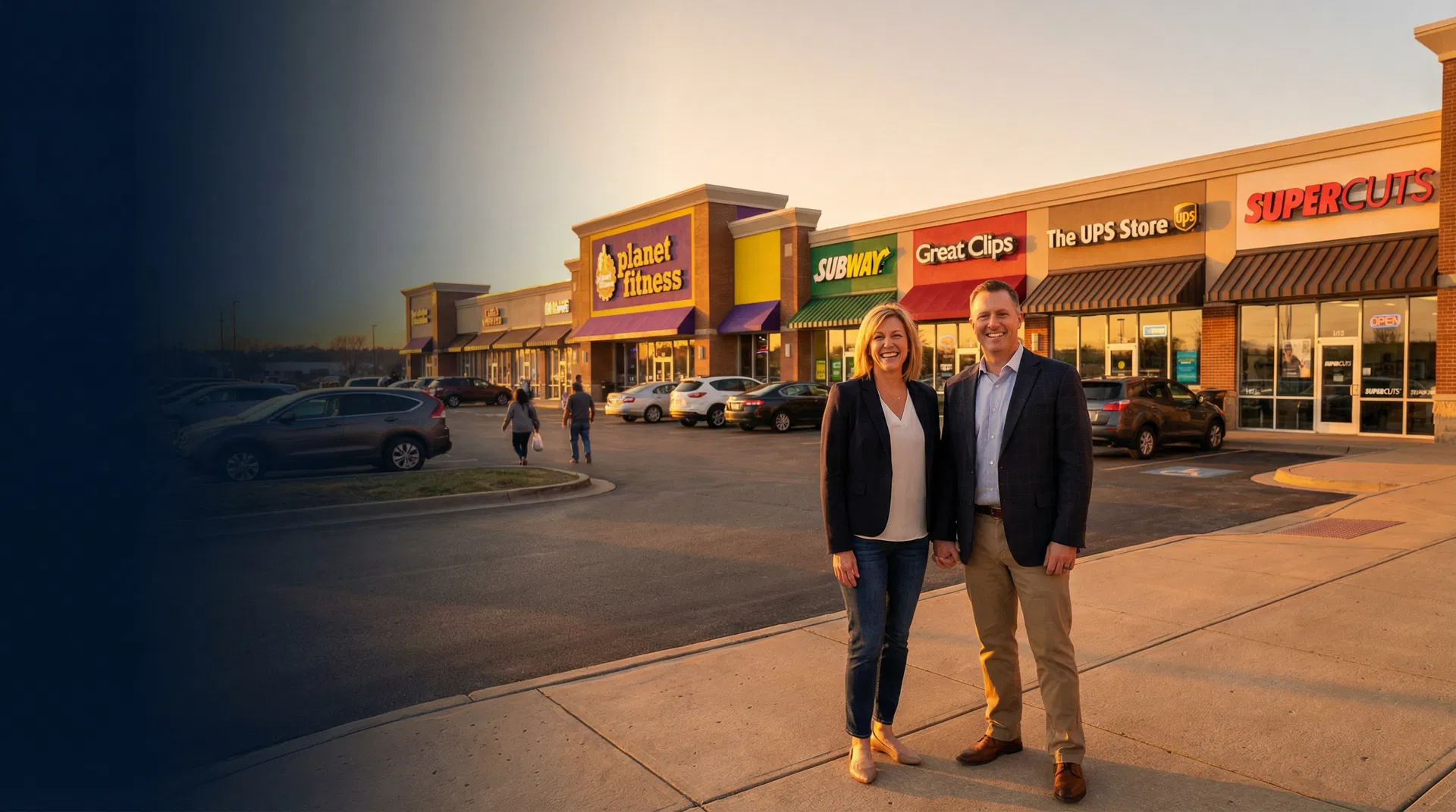 Proud franchise owners in front of their multi-location franchise portfolio