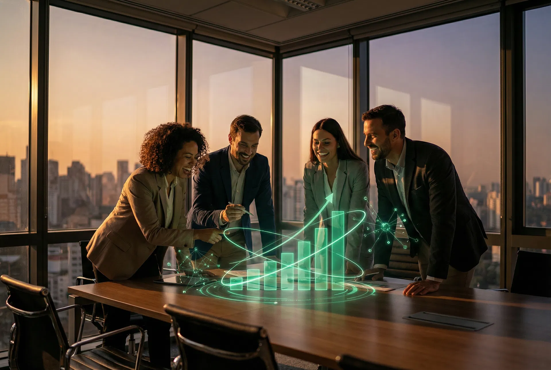 Team collaborating around holographic AI-powered growth dashboard