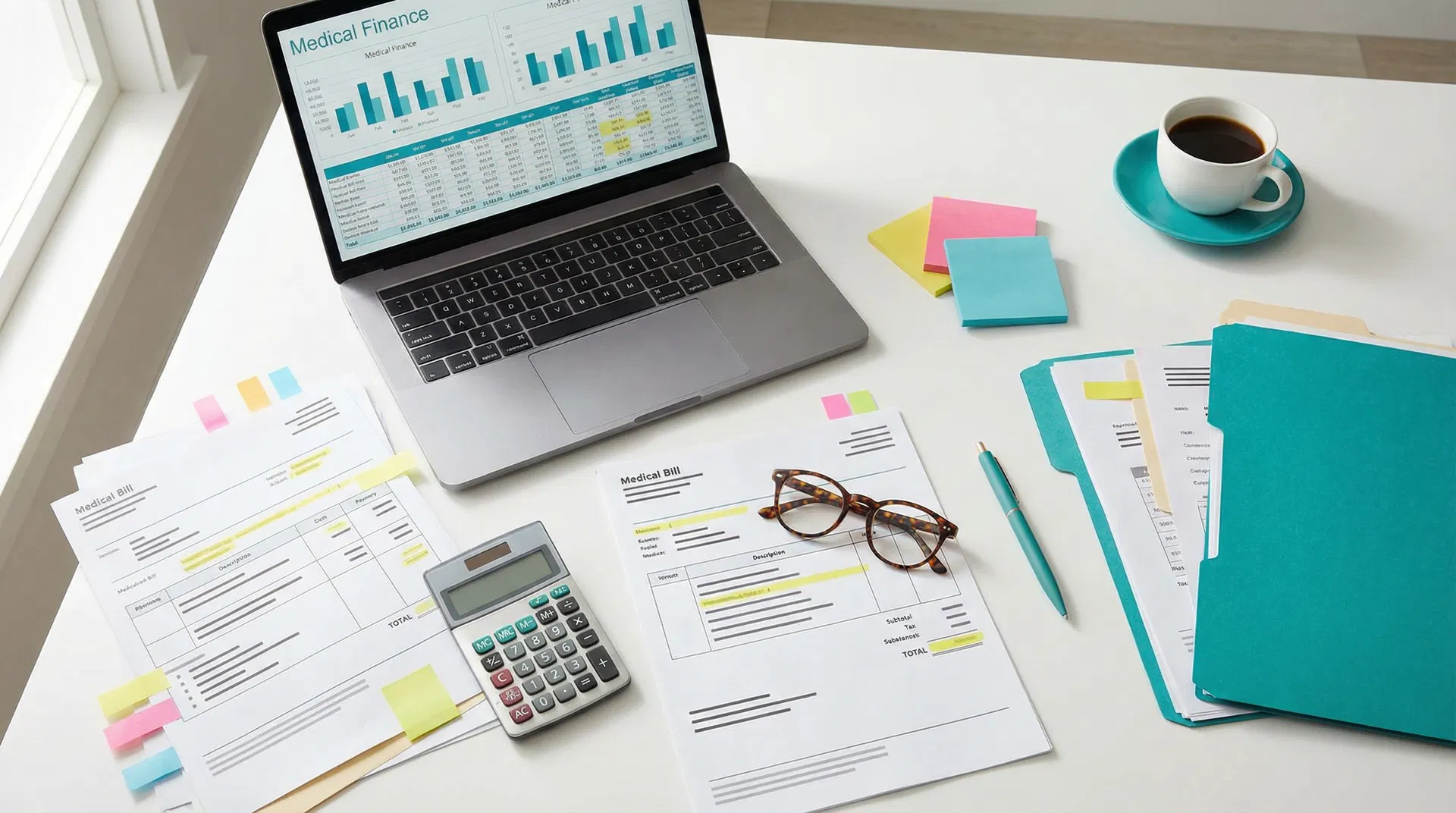 Organized desk with medical bill documents being reviewed