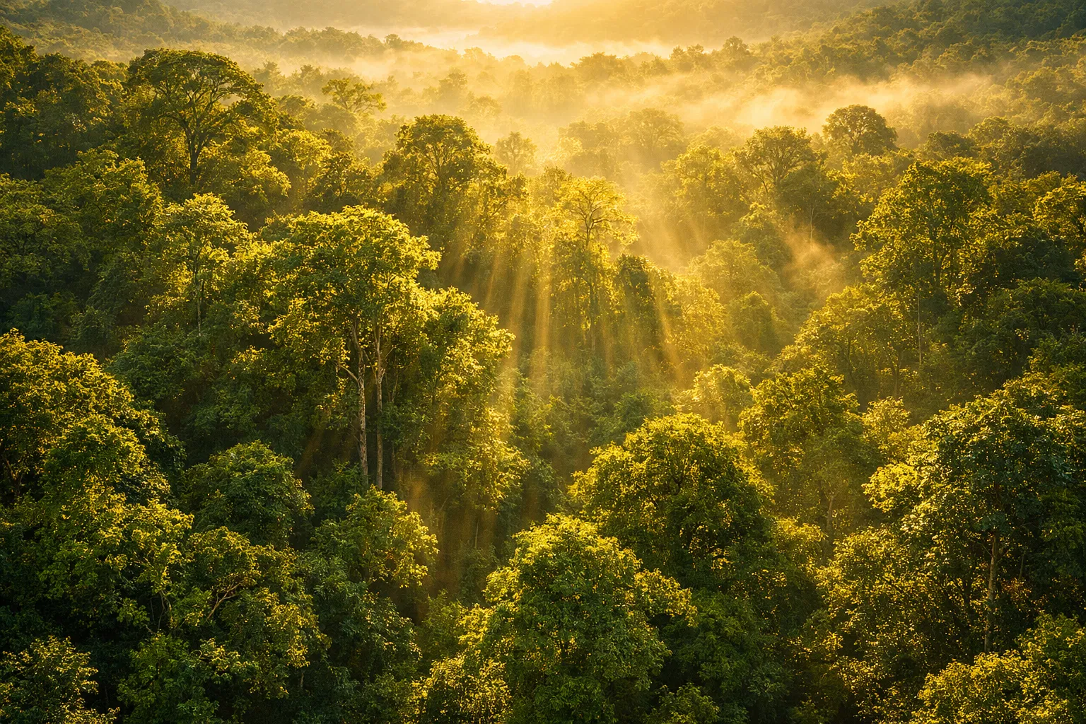 Floresta verde com luz solar