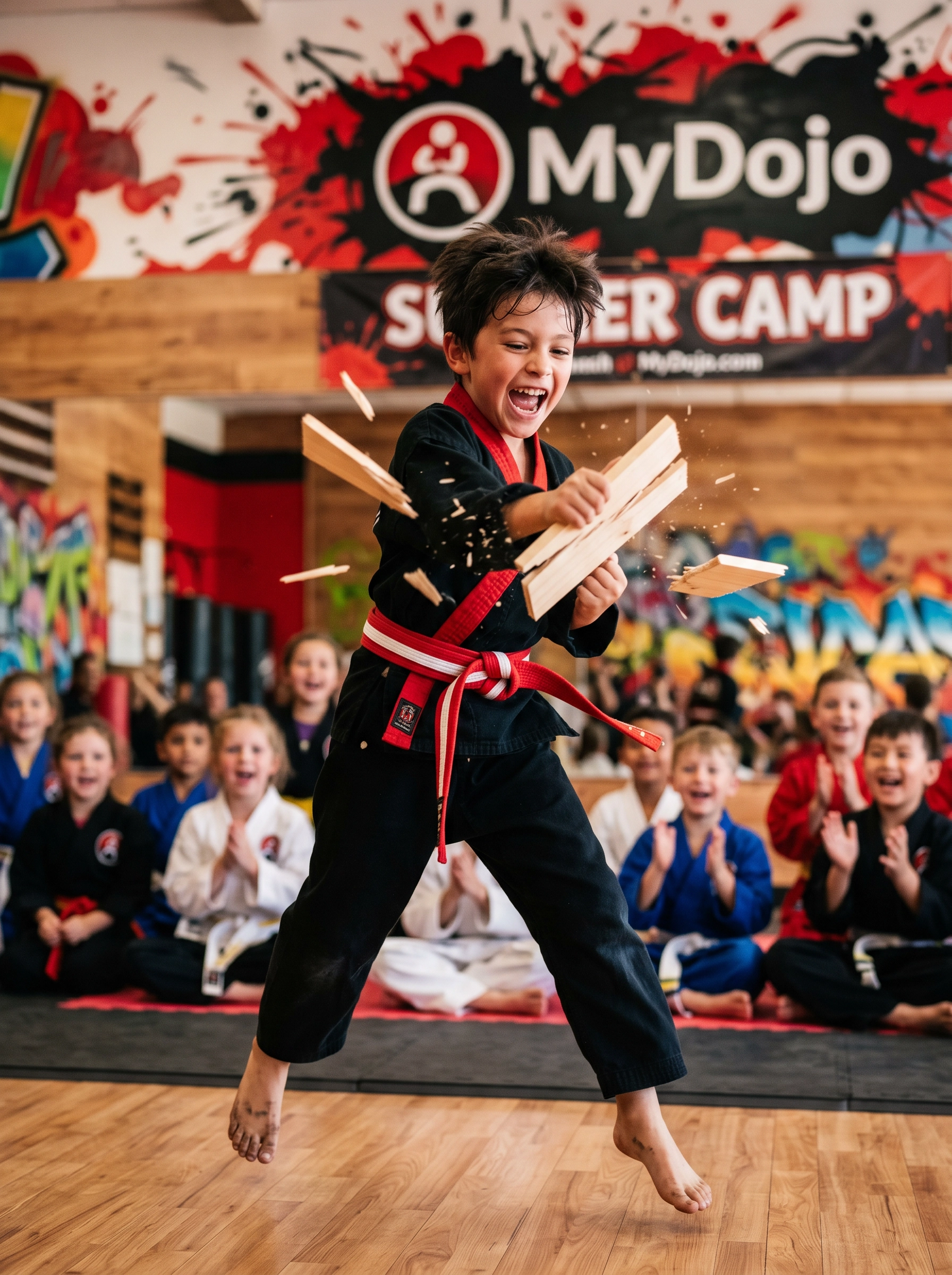 Kid breaking board at MyDojo Summer Camp