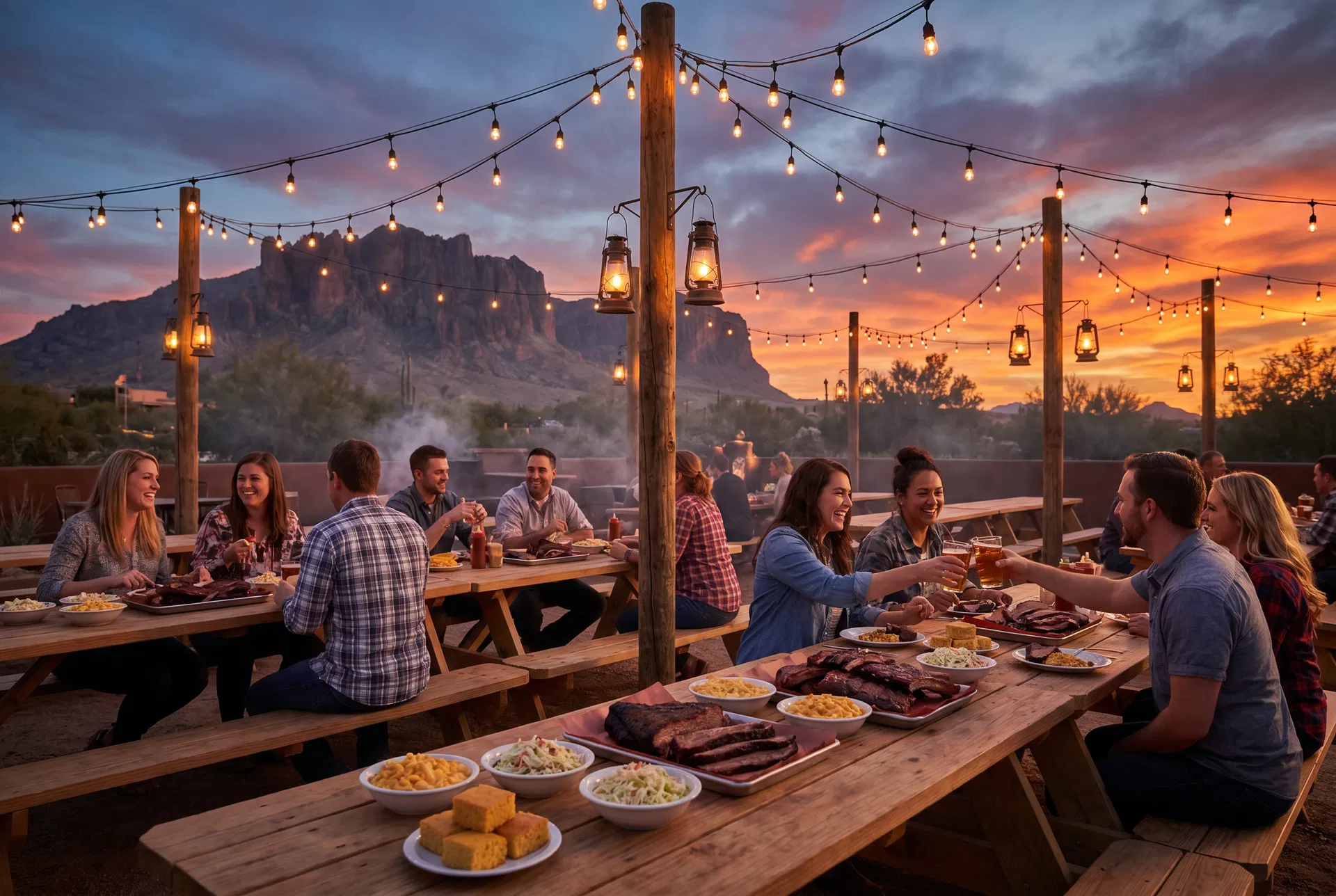 Outdoor BBQ dining at sunset