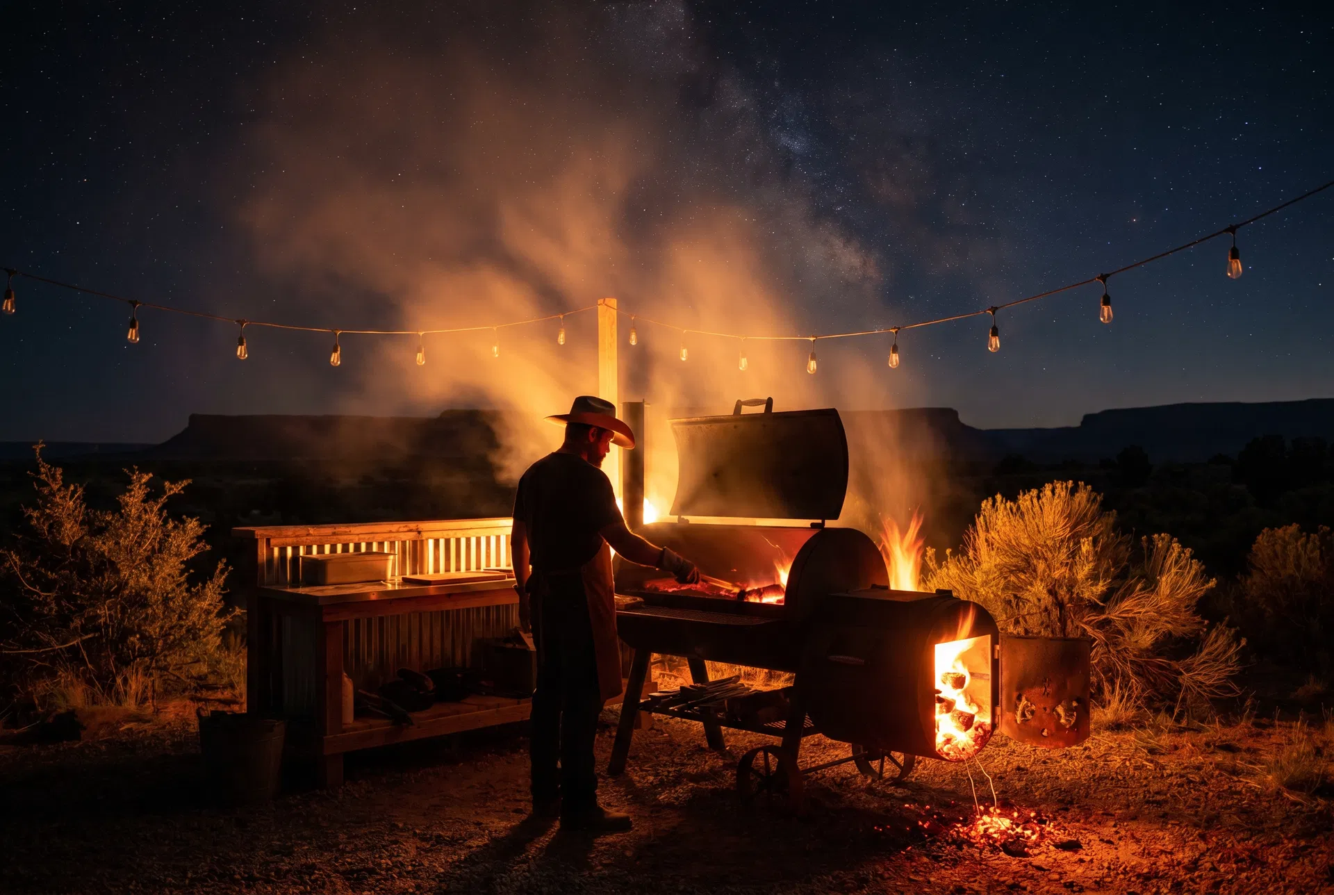 Pitmaster at the outdoor grill at night