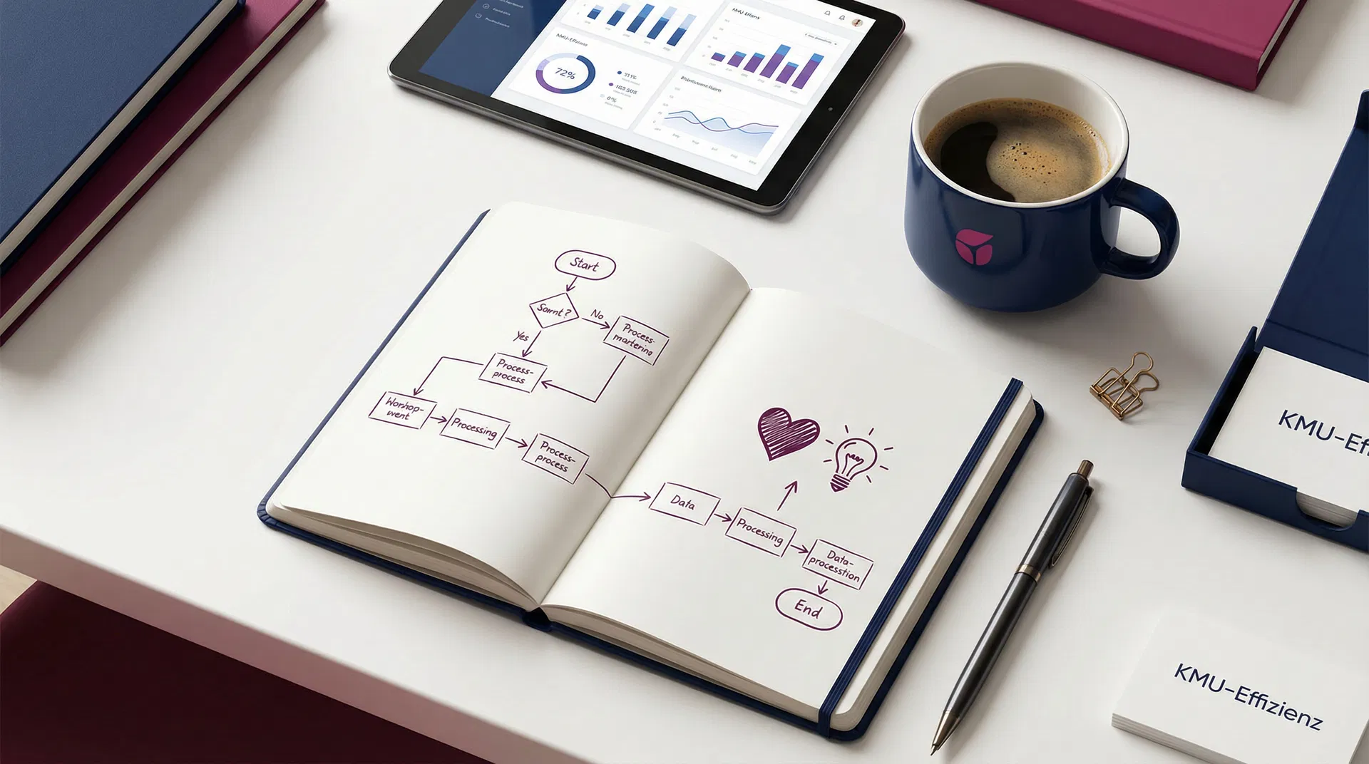Prozesse mit Herz & Hirn – Notizbuch mit Prozessdiagramm, Herz und Glühbirne