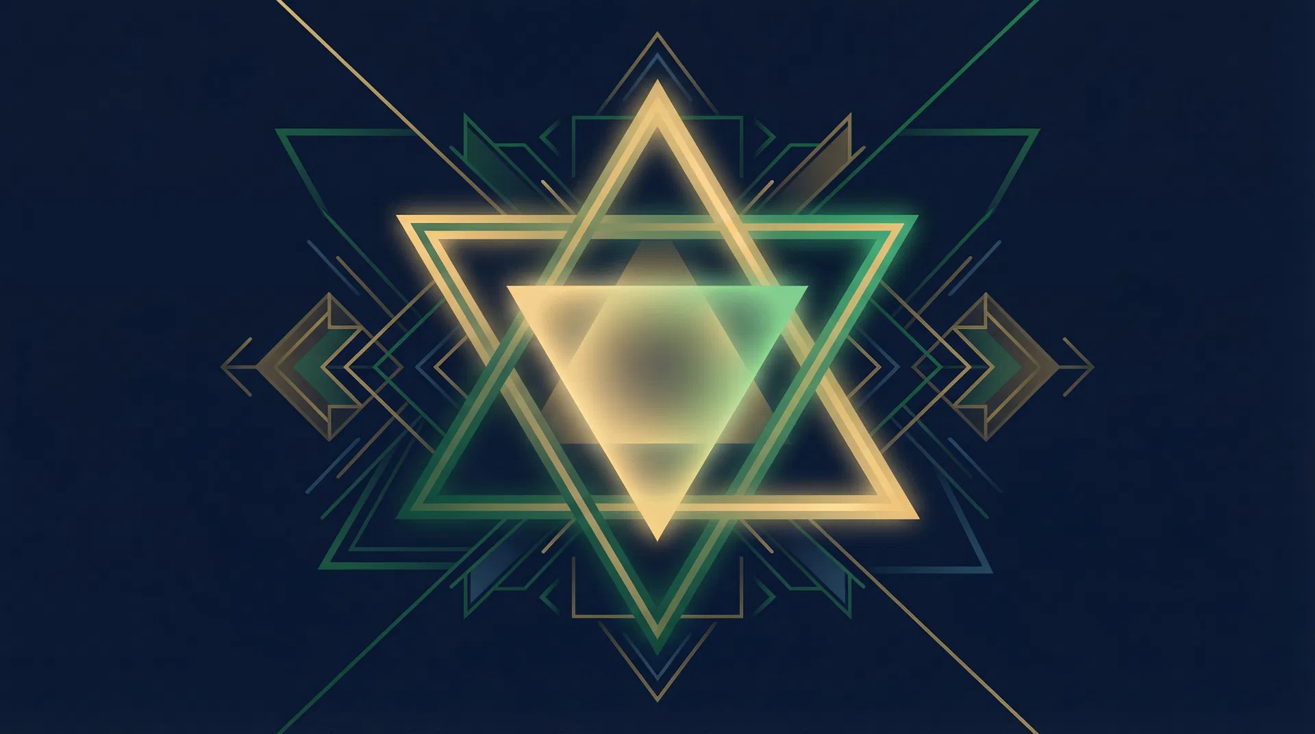 Tres triángulos geométricos interconectados sobre fondo azul marino representando la convergencia de fuentes en la triangulación cualitativa